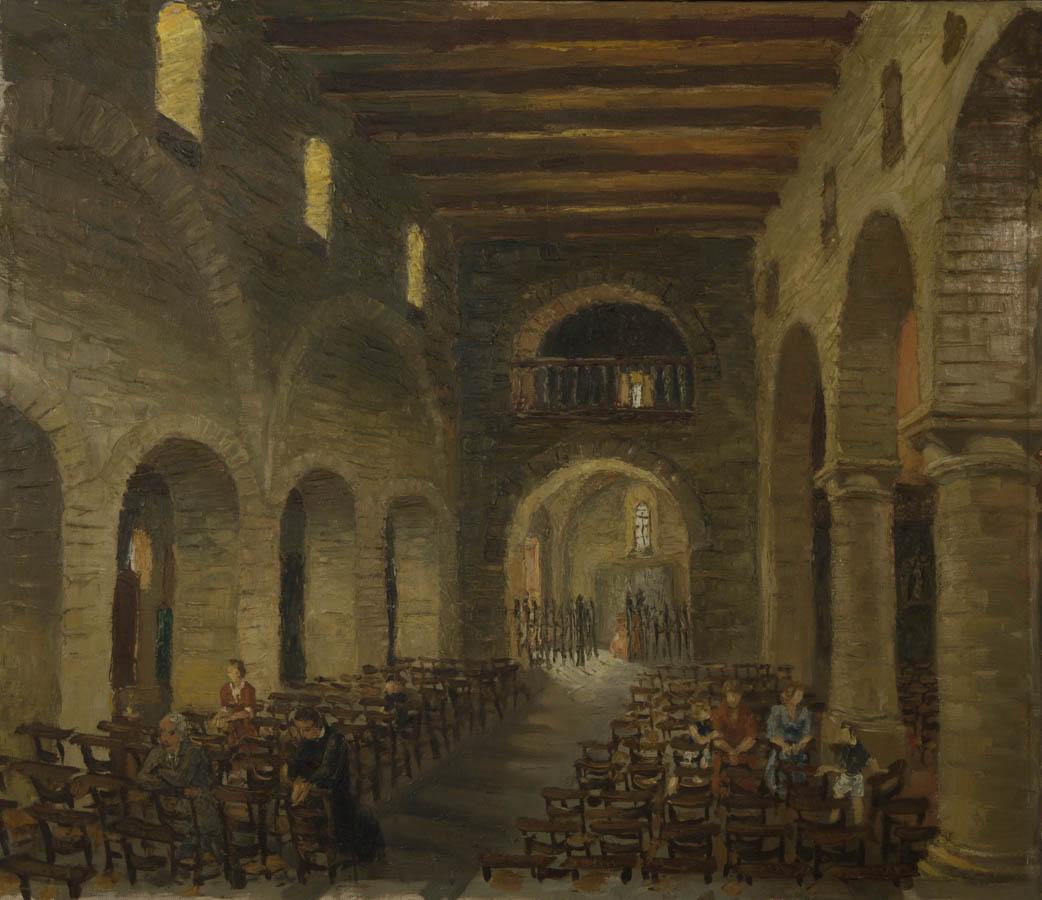 A scene painted of the calm glowing interior of a cathedral.

Light echoes through the cathedral and down off through the building, providing a warm depth to the artwork.

The painting has been finished with impasto detailing, creating a unique and