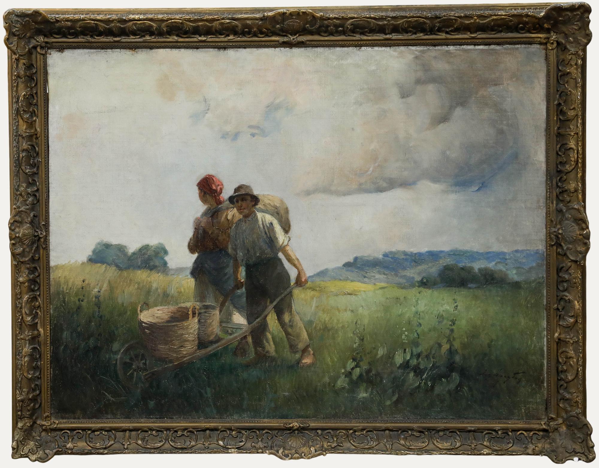 Unknown Figurative Painting – Öl des frühen 20. Jahrhunderts - Erntemaschinen