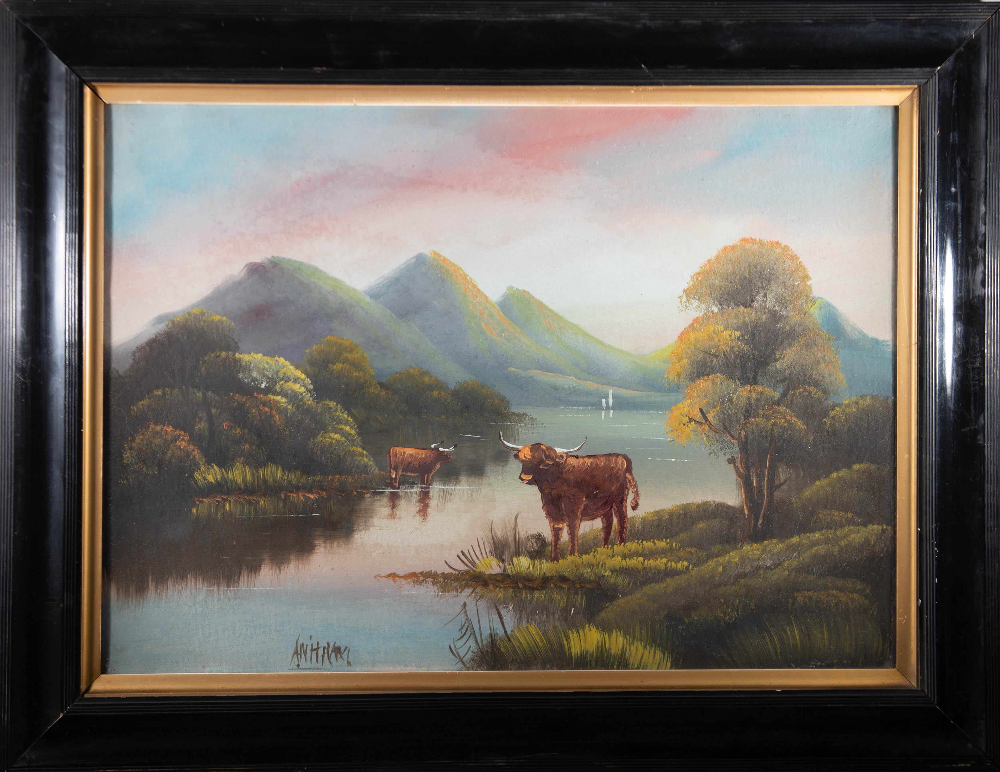 Unknown Landscape Painting - Early 20th Century Oil - Highland Cows At The Lake