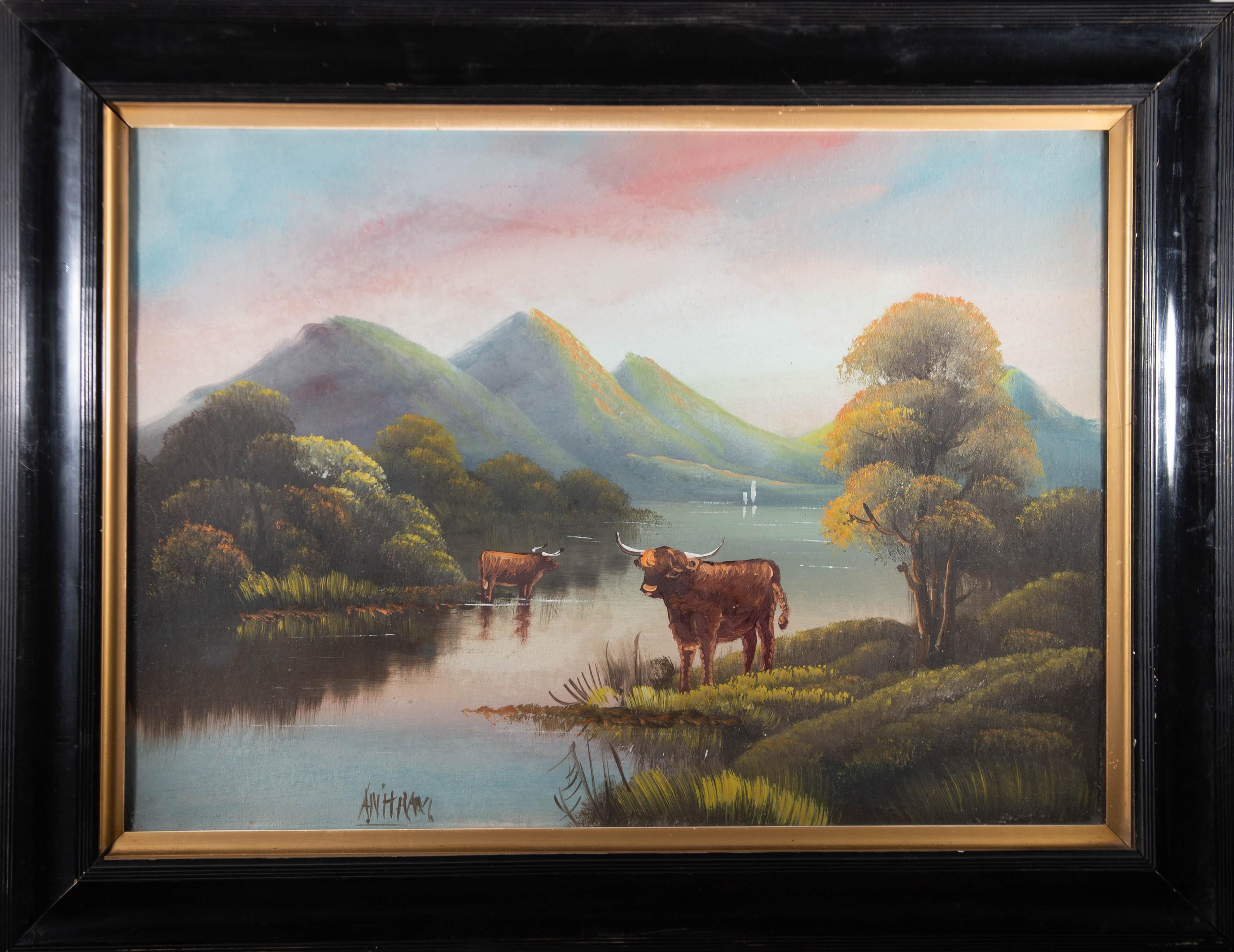 Huile du début du XXe siècle - Vaches des Highlands au lac