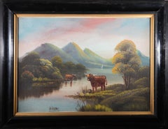 Vintage Early 20th Century Oil - Highland Cows At The Lake
