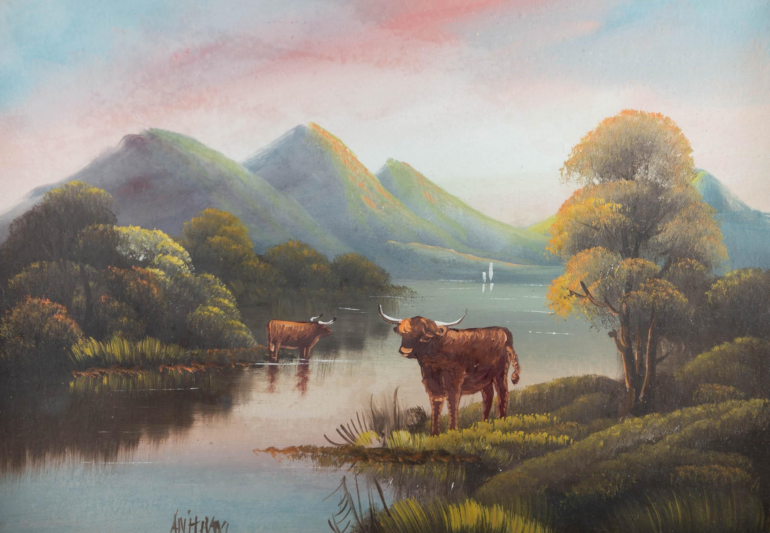 Unknown Landscape Painting - Early 20th Century Oil - Highland Cows At The Lake