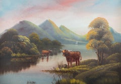 Early 20th Century Oil - Highland Cows At The Lake