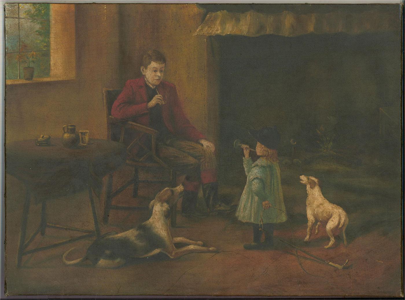 Early 20th Century Oil - Home from the Hunt - Black Interior Painting by Unknown