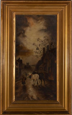 Early 20th Century Oil - Horses on a Village Street