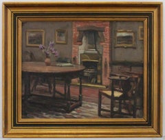 Vintage Early 20th Century Oil - Irises In The Dining Room