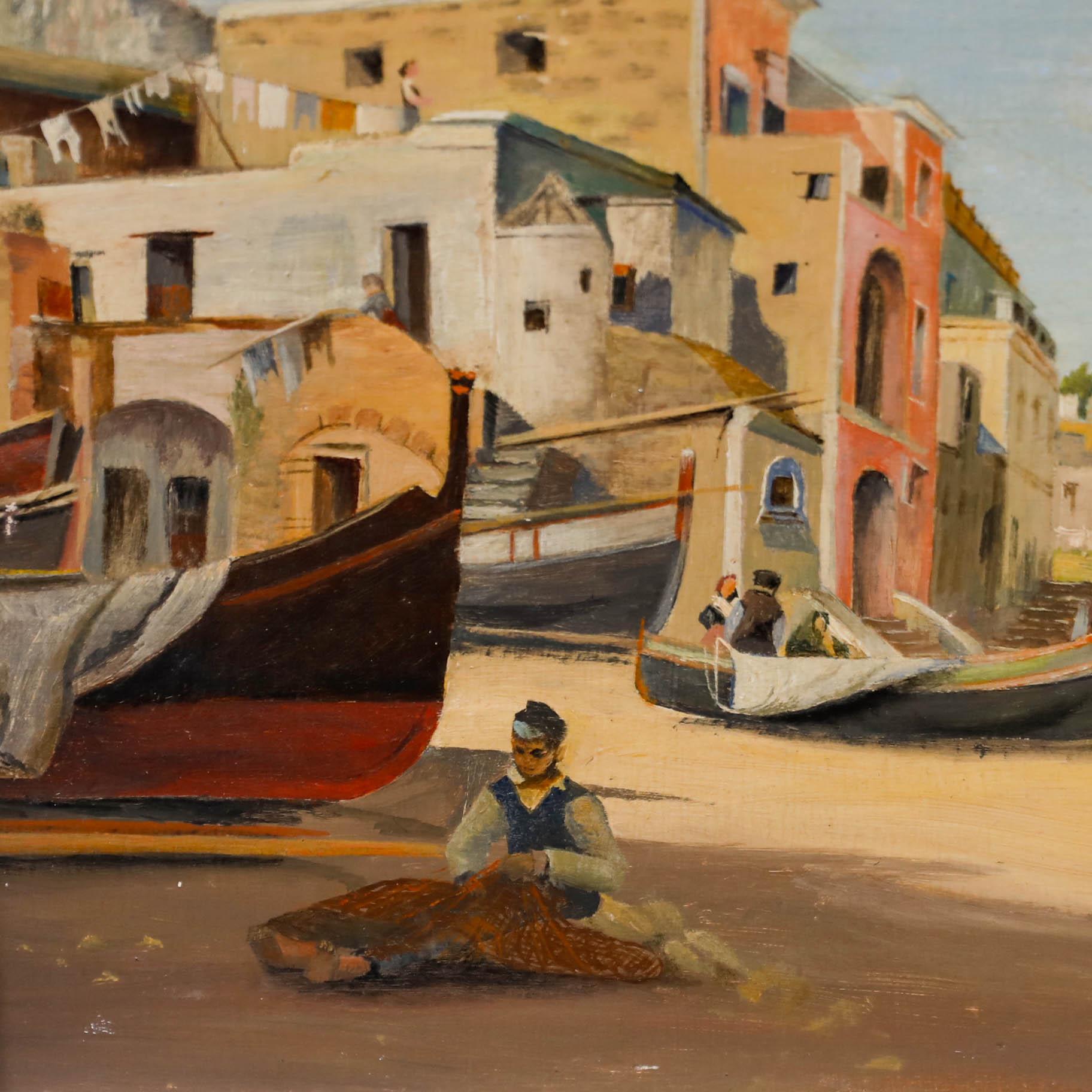 Un delizioso studio a olio di figure che rammendano reti da pesca sulla costa italiana. Senza segno. Ben presentato in una cornice dorata. Sul pannello.