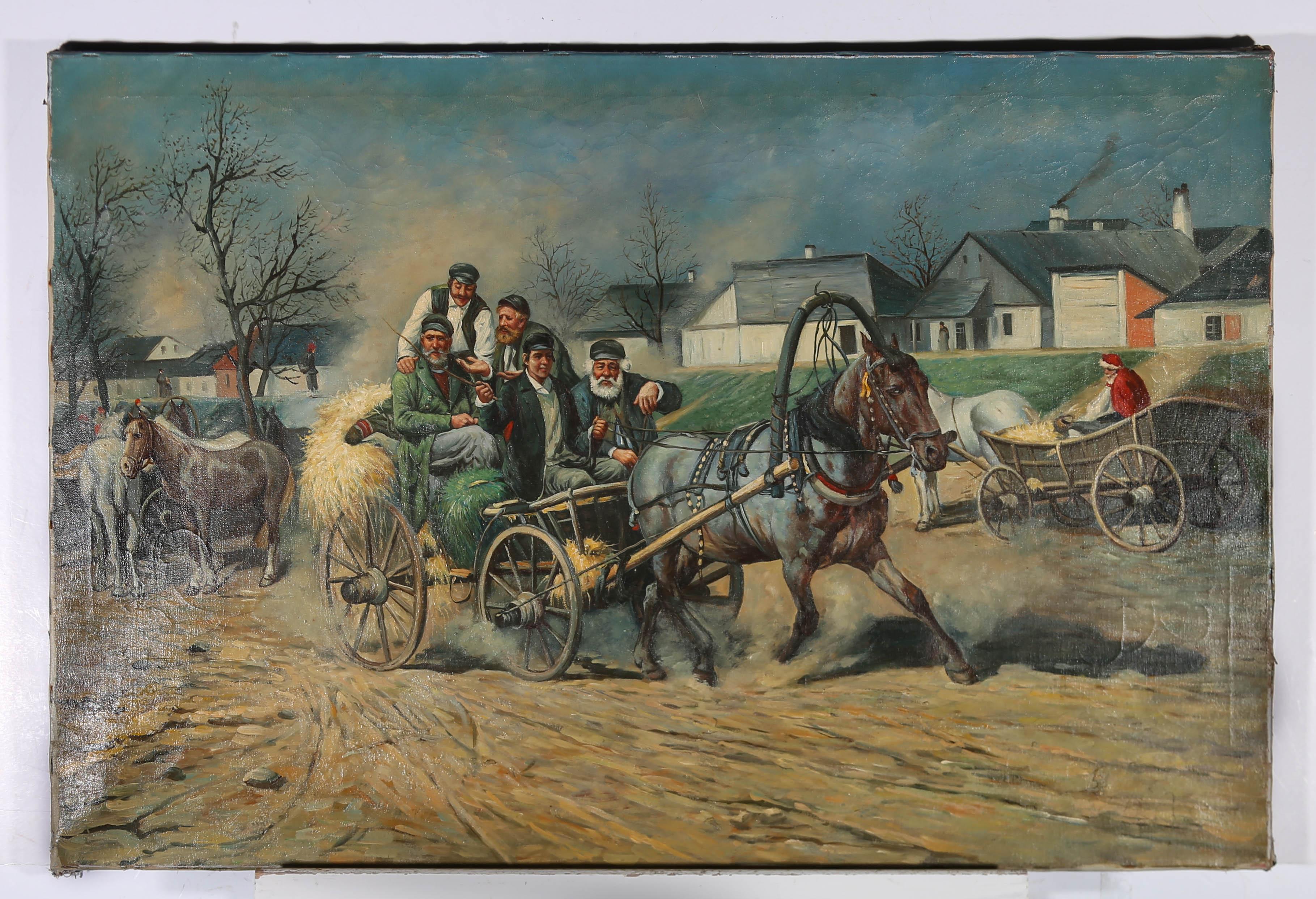 A dynamic and fun filled early 20th (c.1940) village scene, showing a group of men in a hay cart, being pulled by a handsome horse with elaborate harness. The horse is moving along the dirt road at speed, kicking up clouds of dust as he goes. The