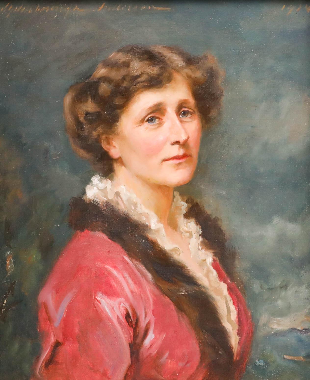 Early 20th Century Oil - Lady in Fuchsia - Painting by Unknown
