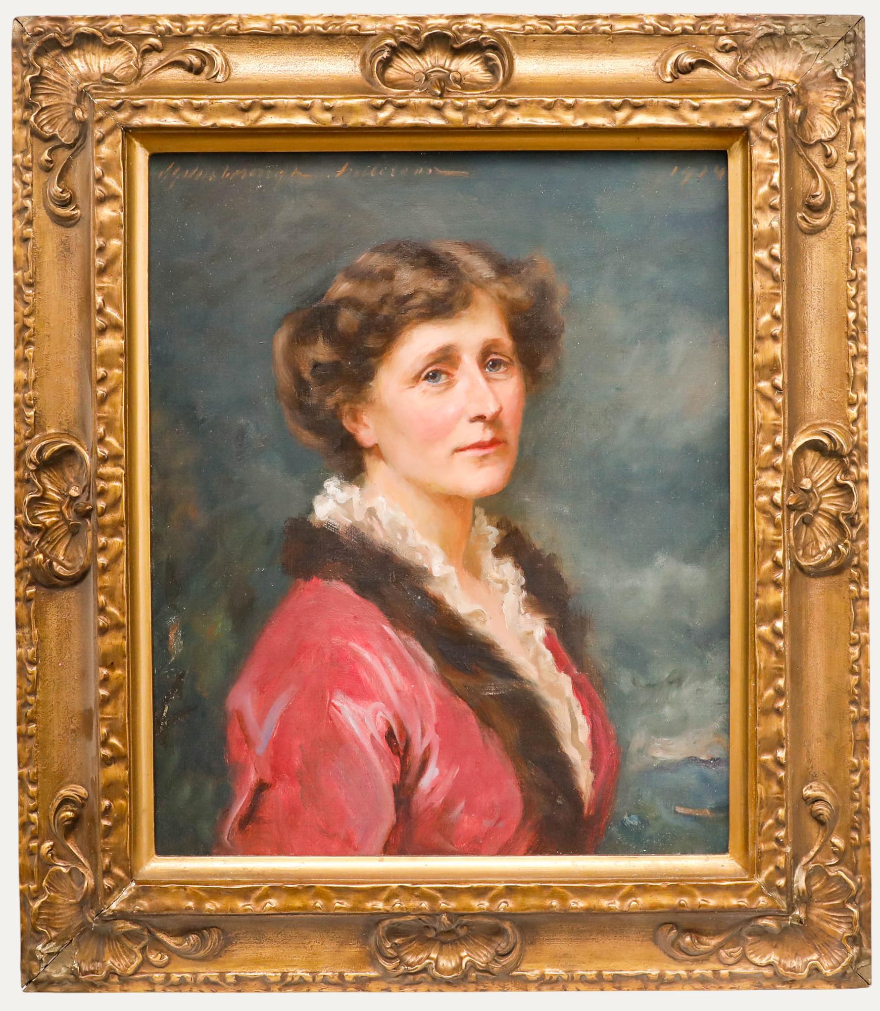Unknown Portrait Painting - Early 20th Century Oil - Lady in Fuchsia