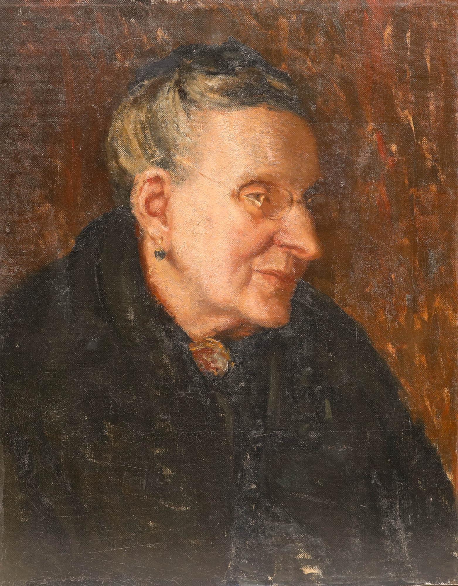 Olio dei primi del Novecento - Signora con occhiali - Painting di Unknown