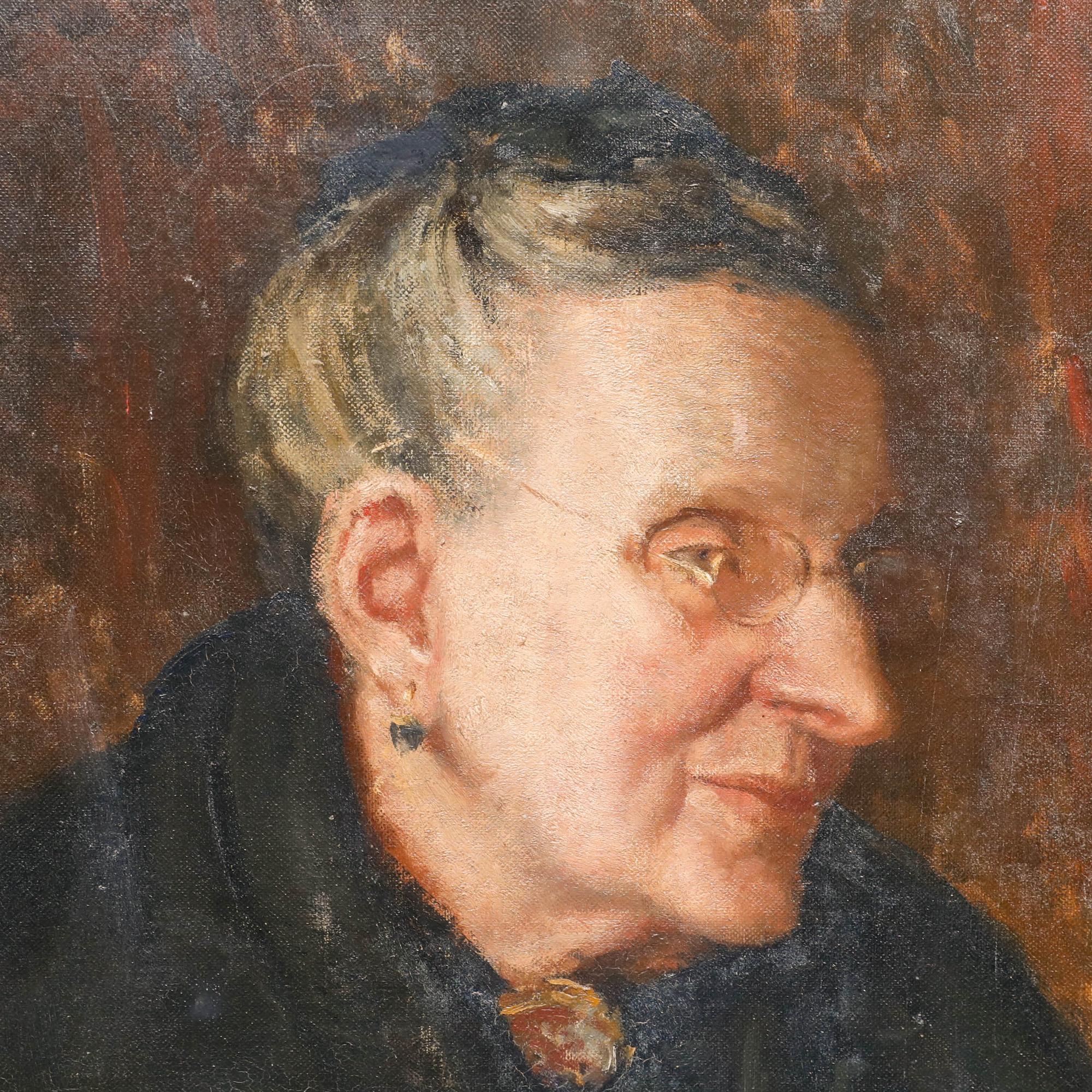 Olio dei primi del Novecento - Signora con occhiali - Portrait Painting Marrone di Unknown