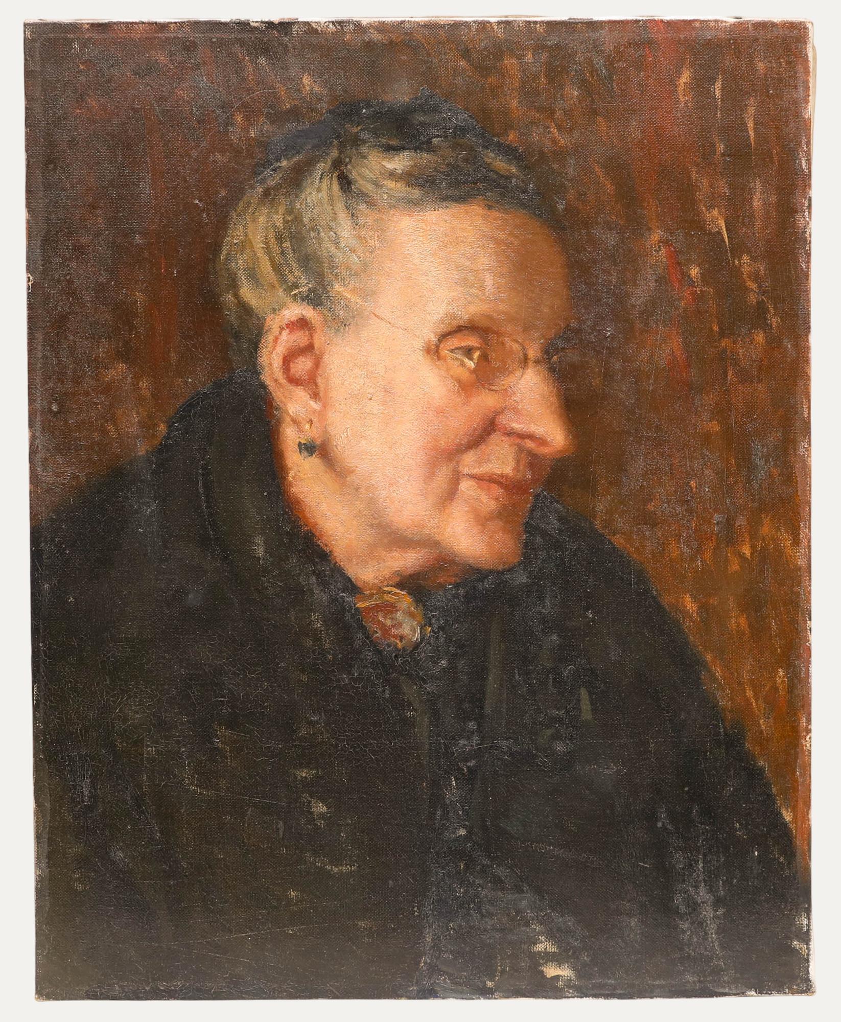 Portrait Painting di Unknown - Olio dei primi del Novecento - Signora con occhiali