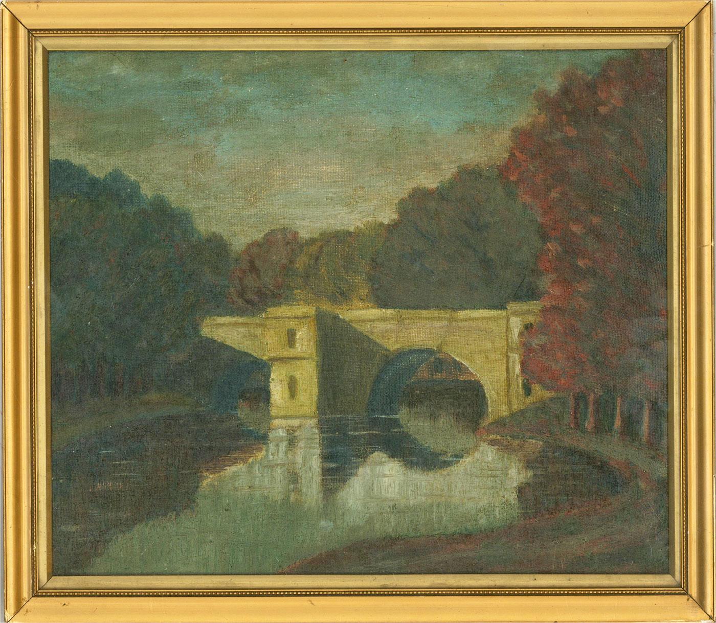 Eine charmant-naive Herbstlandschaft mit einem Fluss, der unter der alten Lindley Bridge am Stadtrand von Leeds hindurchfließt. Das Gemälde ist unsigniert und wird in einem einfachen Goldrahmen mit Innenvergoldung präsentiert. Der Standort ist auf