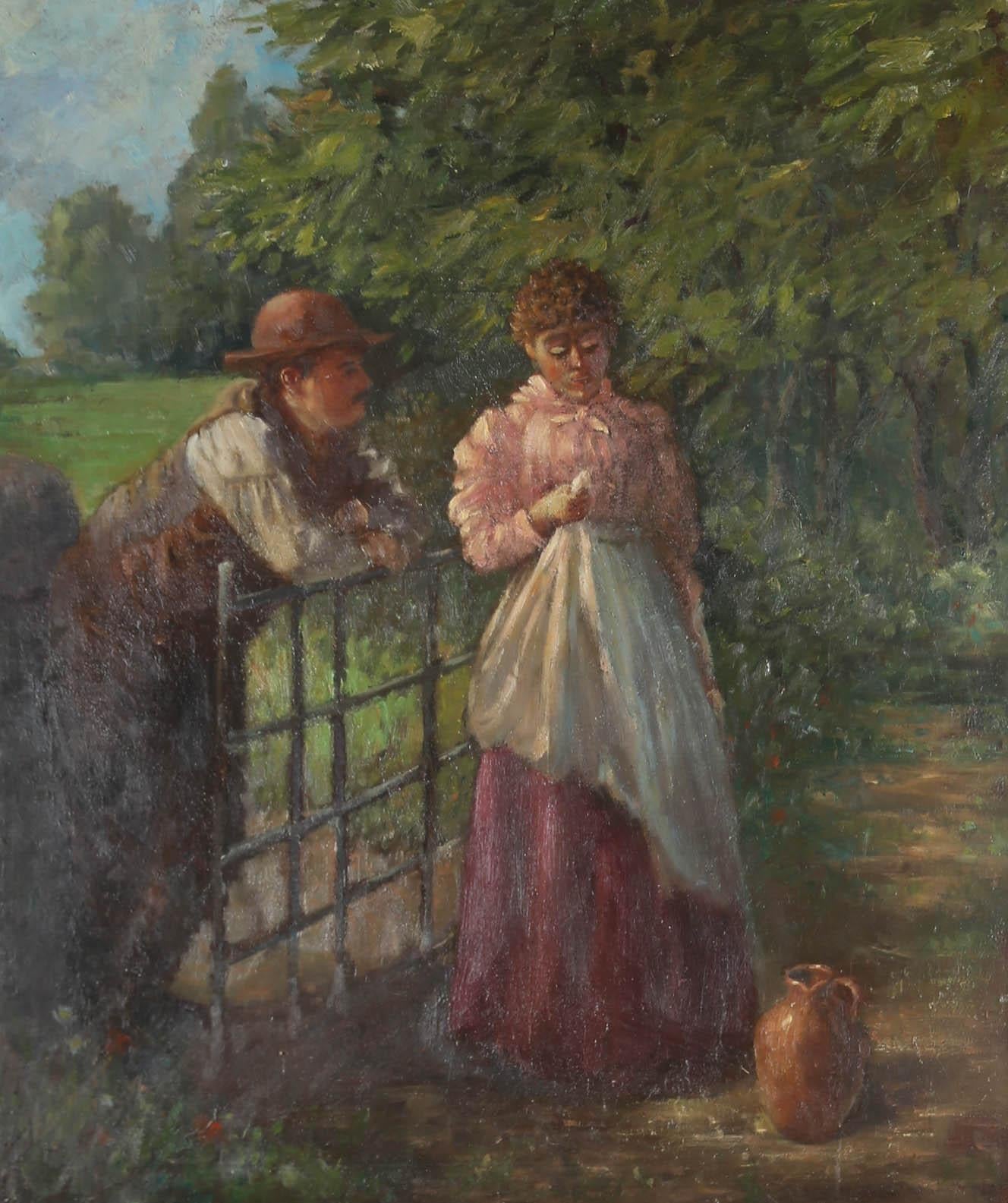 Early 20th Century Oil - Lovers at the Gate - Painting by Unknown