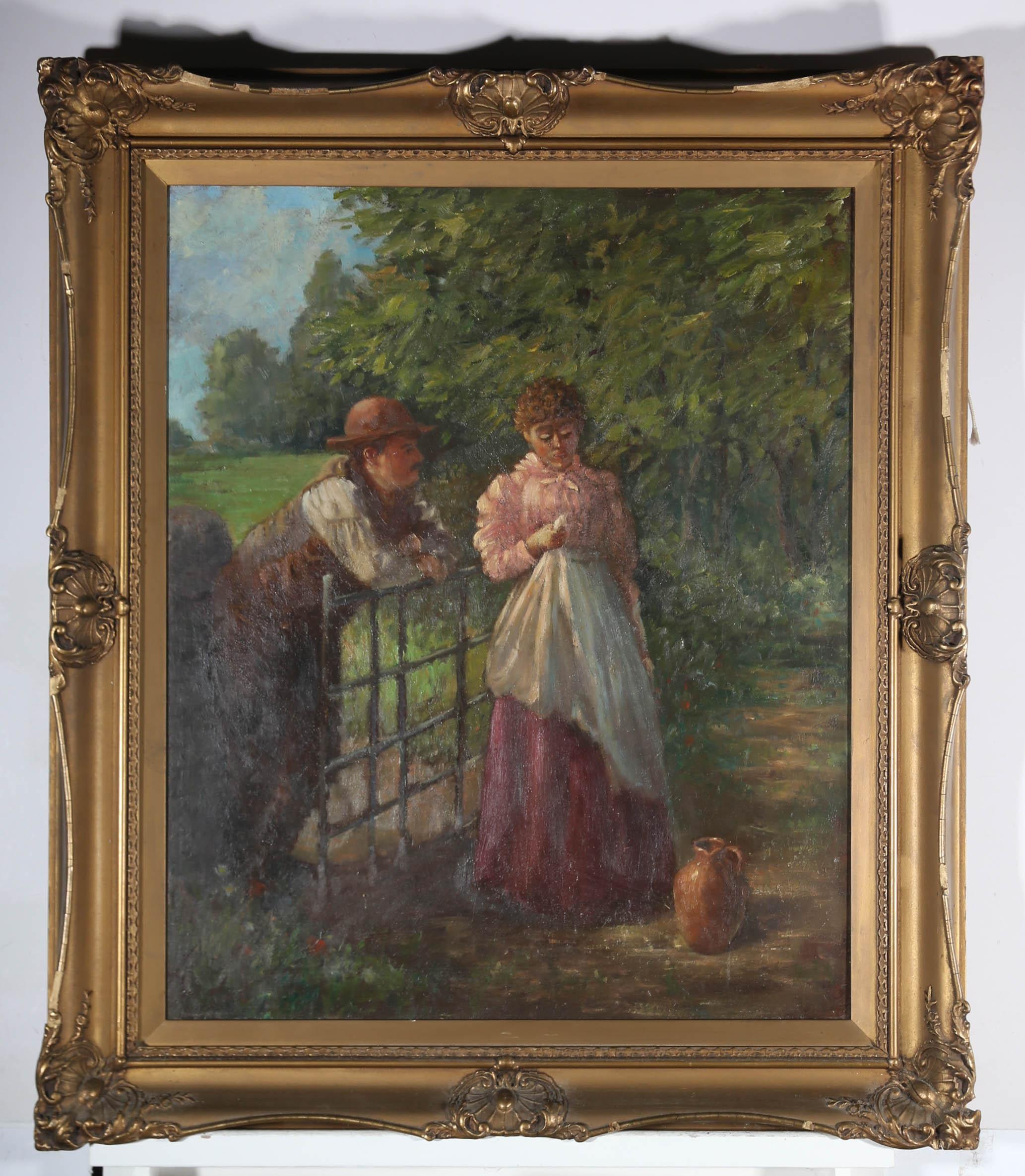 A charming countryside scene depicting a courting couple conversing at a gate. They stand beneath trees before a large park landscape. Unsigned. Presented in a gilt frame with shell and acanthus leaf details. On canvas.
