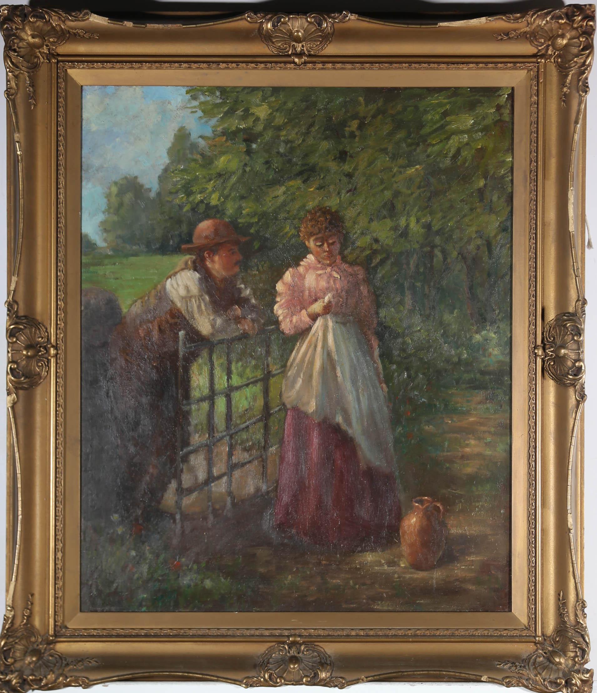 Unknown Figurative Painting - Early 20th Century Oil - Lovers at the Gate