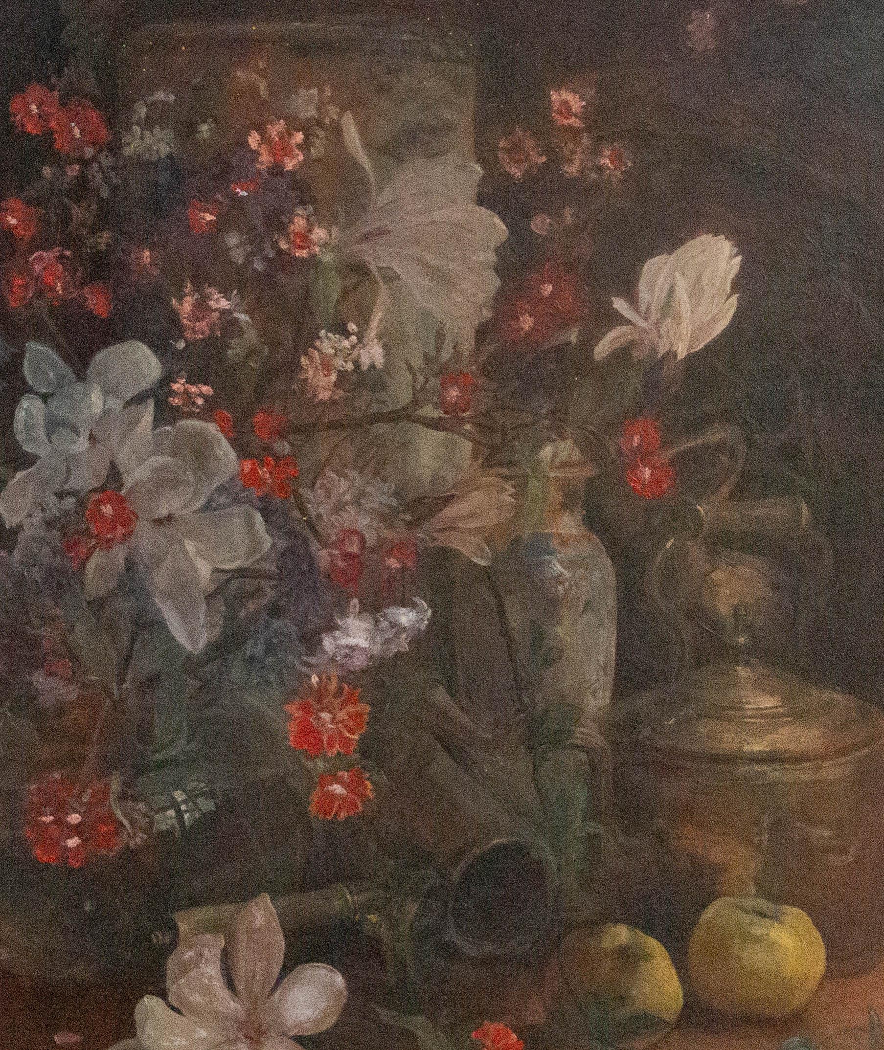 A rustic early 20th Century oil still life showing a branch of magnolia blossom, with other flowers, a pair of yellow apples and a brass kettle amongst other items. The painting has areas of contemporary over painting in the floral areas. On board.