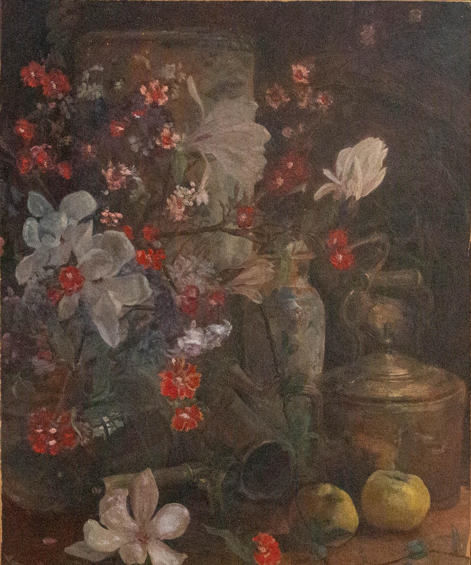 A rustic early 20th Century oil still life showing a branch of magnolia blossom, with other flowers, a pair of yellow apples and a brass kettle amongst other items. The painting has areas of contemporary over painting in the floral areas. On board.
