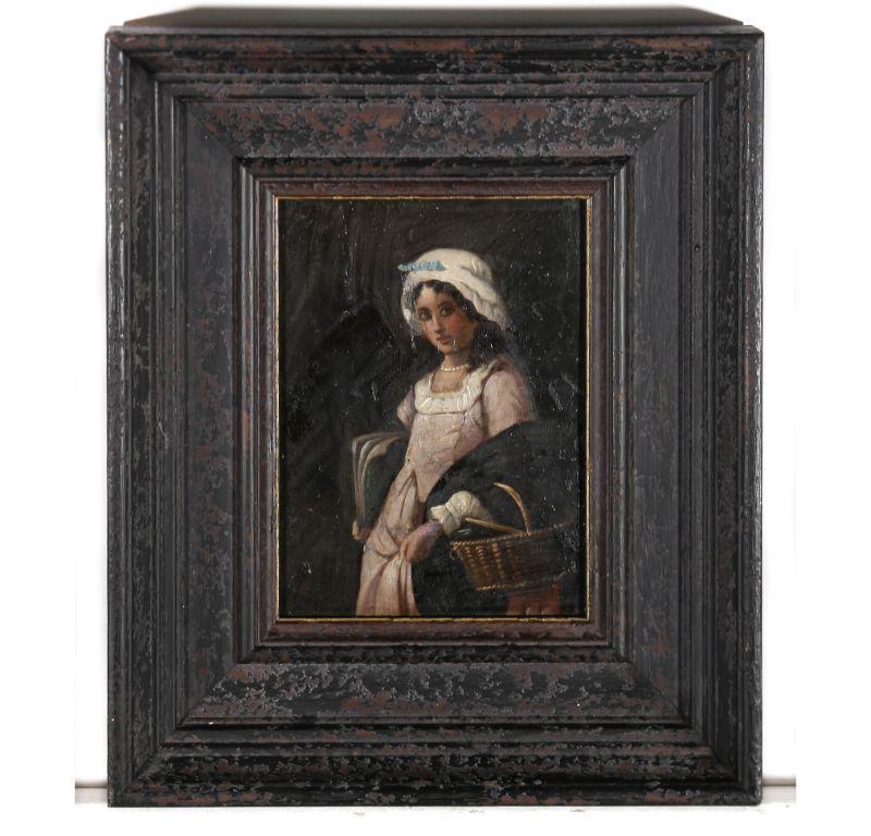 A charming early 20th Century portrait in the style of 19th Century Romantic portraits, showing a young girl, carrying a basket full of books and her cloak, with a large book under her arm. The painting is unsigned and presented in a substantial