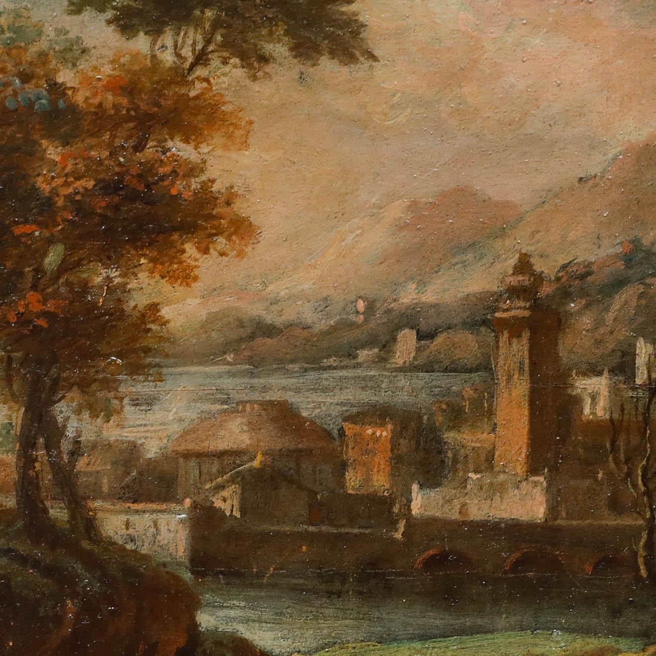 A fine oil study depicting a distant Italian coastal town. To the foreground, a farming family rest with their cattle and sheep by a stream. The trees, landscape and small figures are all indicative of a classic early 19th-century European style.