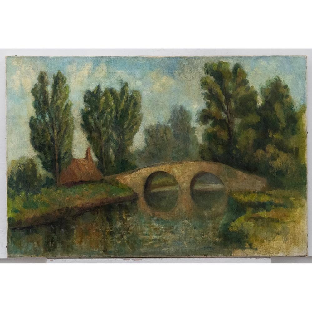 Early 20th Century Oil - Over the Stone Bridge - Painting by Unknown