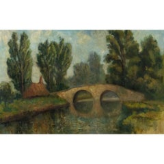 Óleo de principios del siglo XX - Sobre el puente de piedra