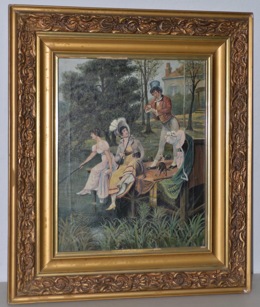 Early 20th Century Oil Painting "Fishing" by E. Smette c.1917