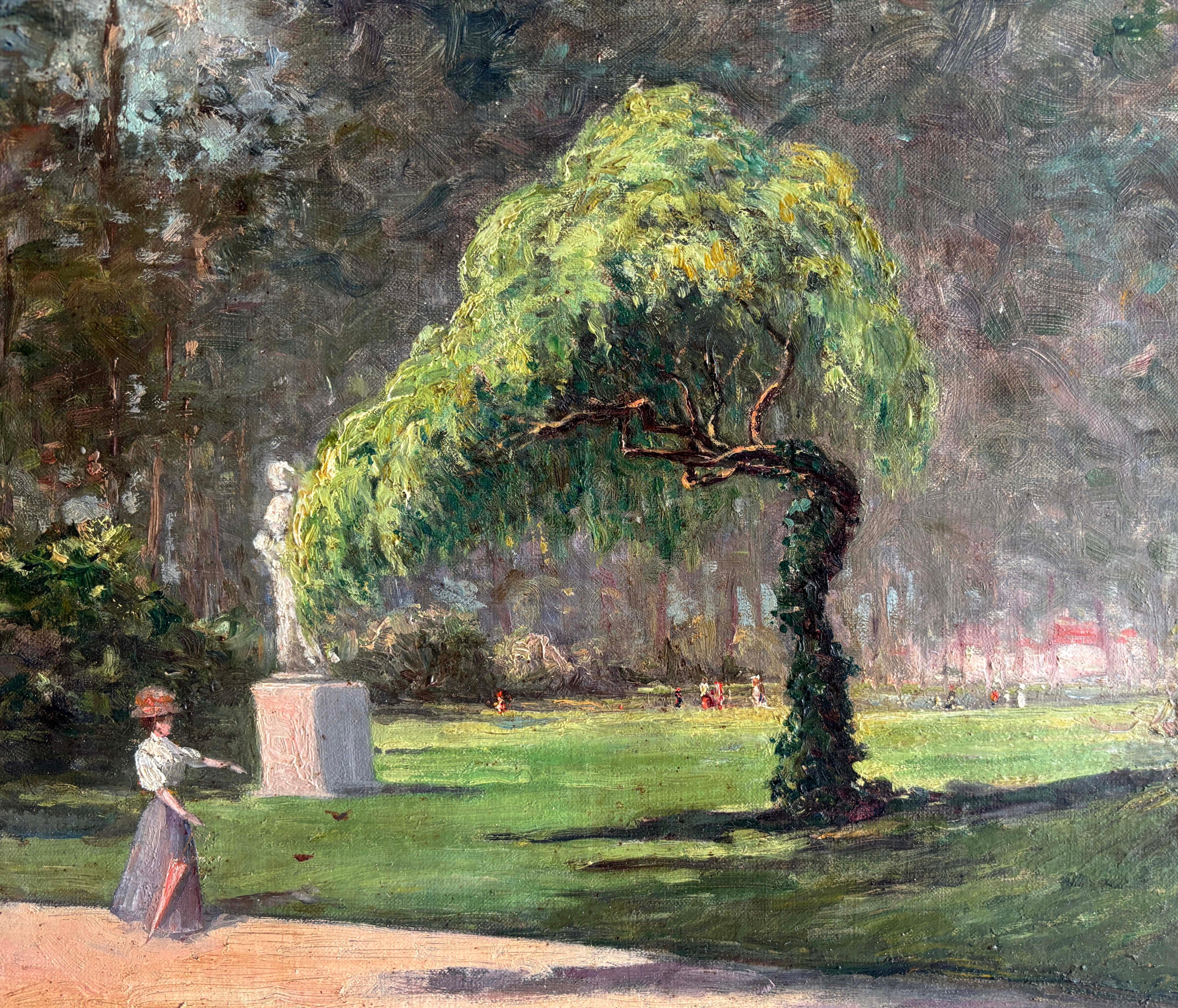 Early 20th Century Oil Painting of Woman in Garden of Luxembourg Paris Framed - Brown Landscape Painting by Unknown