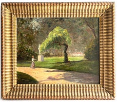 Early 20th Century Oil Painting of Woman in Garden of Luxembourg Paris Framed