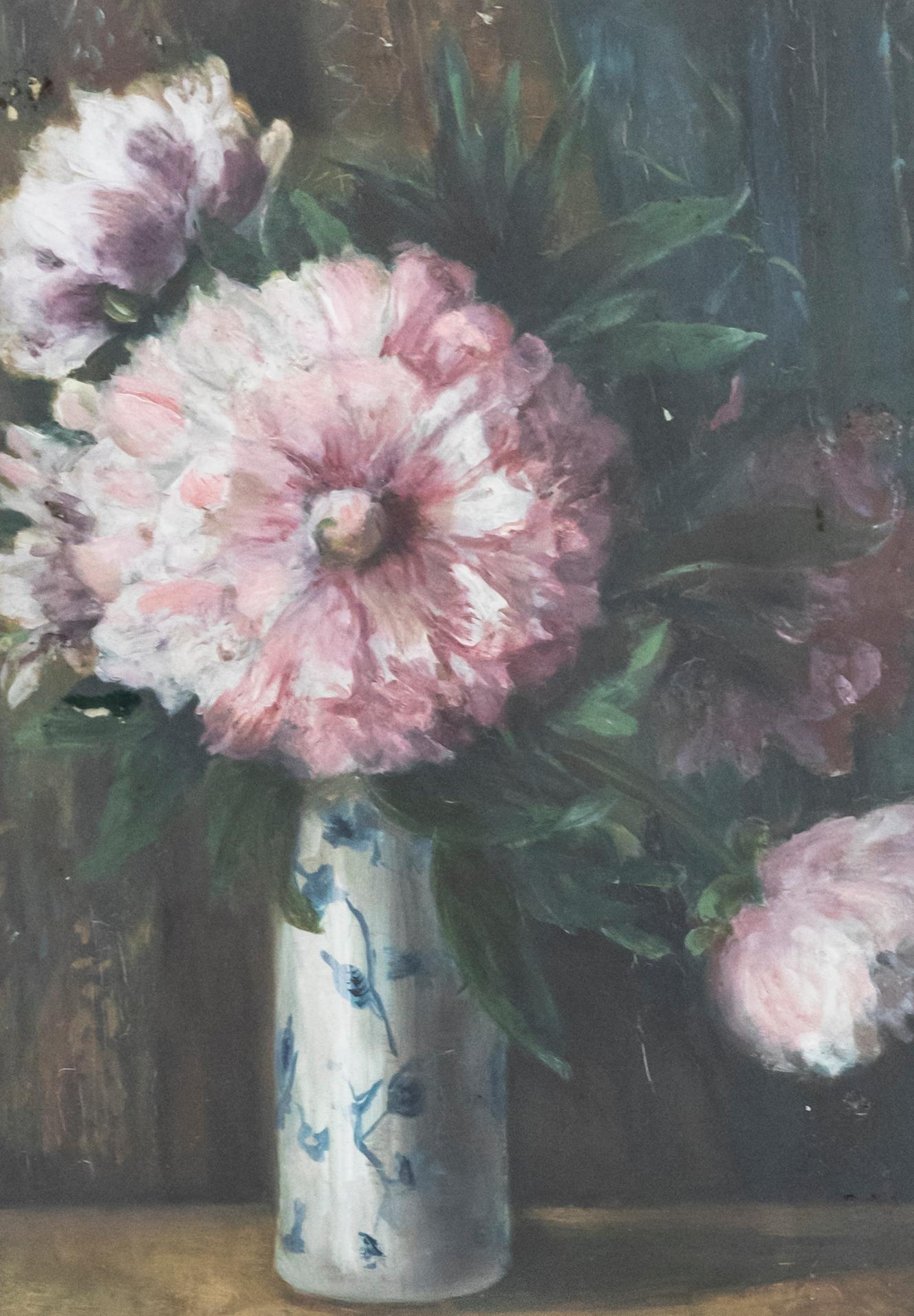 Early 20th Century Oil - Peonies - Painting by Unknown