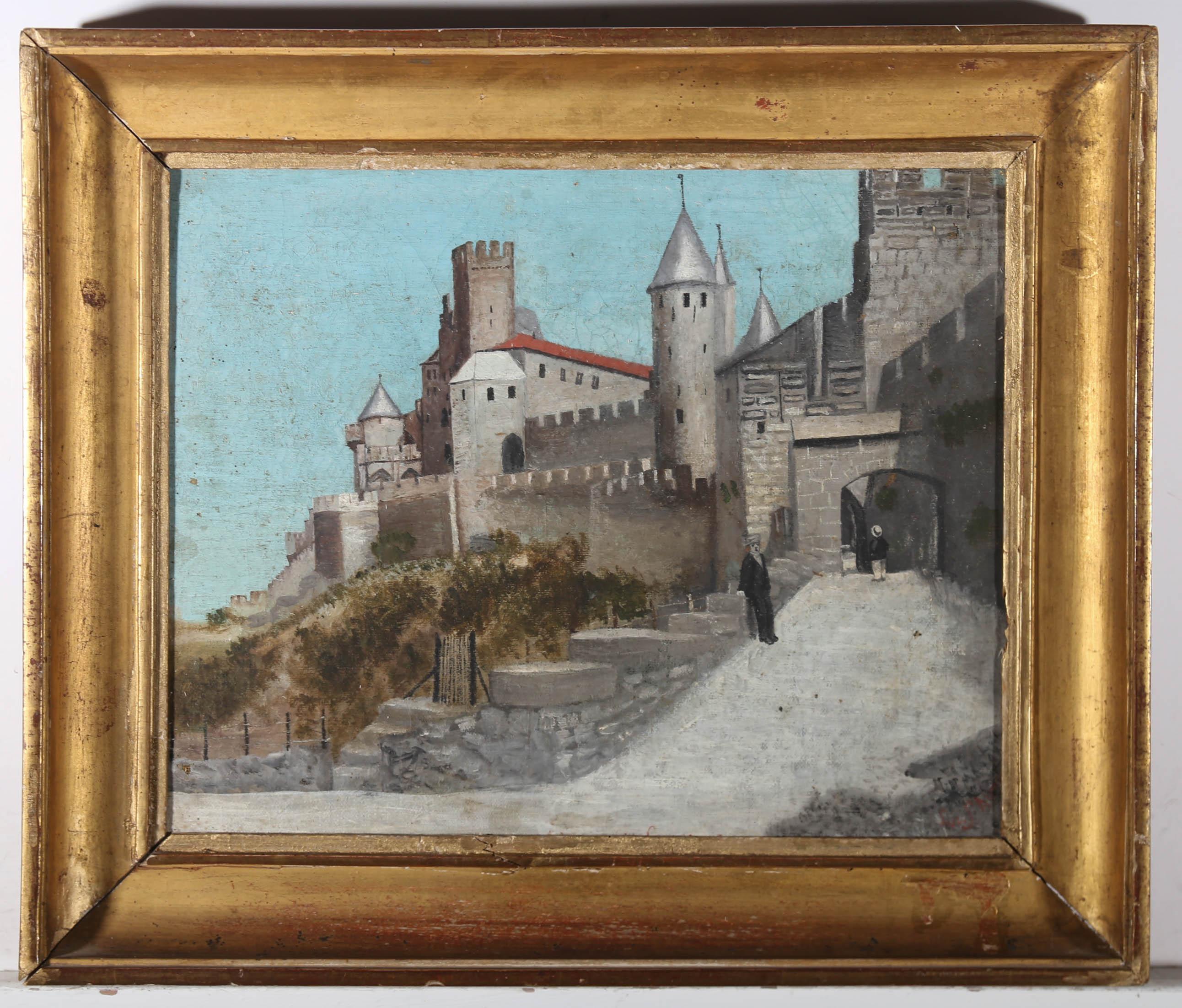 This charming scene depicts the castle Porte de l'Aude in Carcassonne, France. The artist captures the scene in a naïve style, showing figures wondering the castle paths in the foreground. Inscribed with location to the lower edge of the painting,