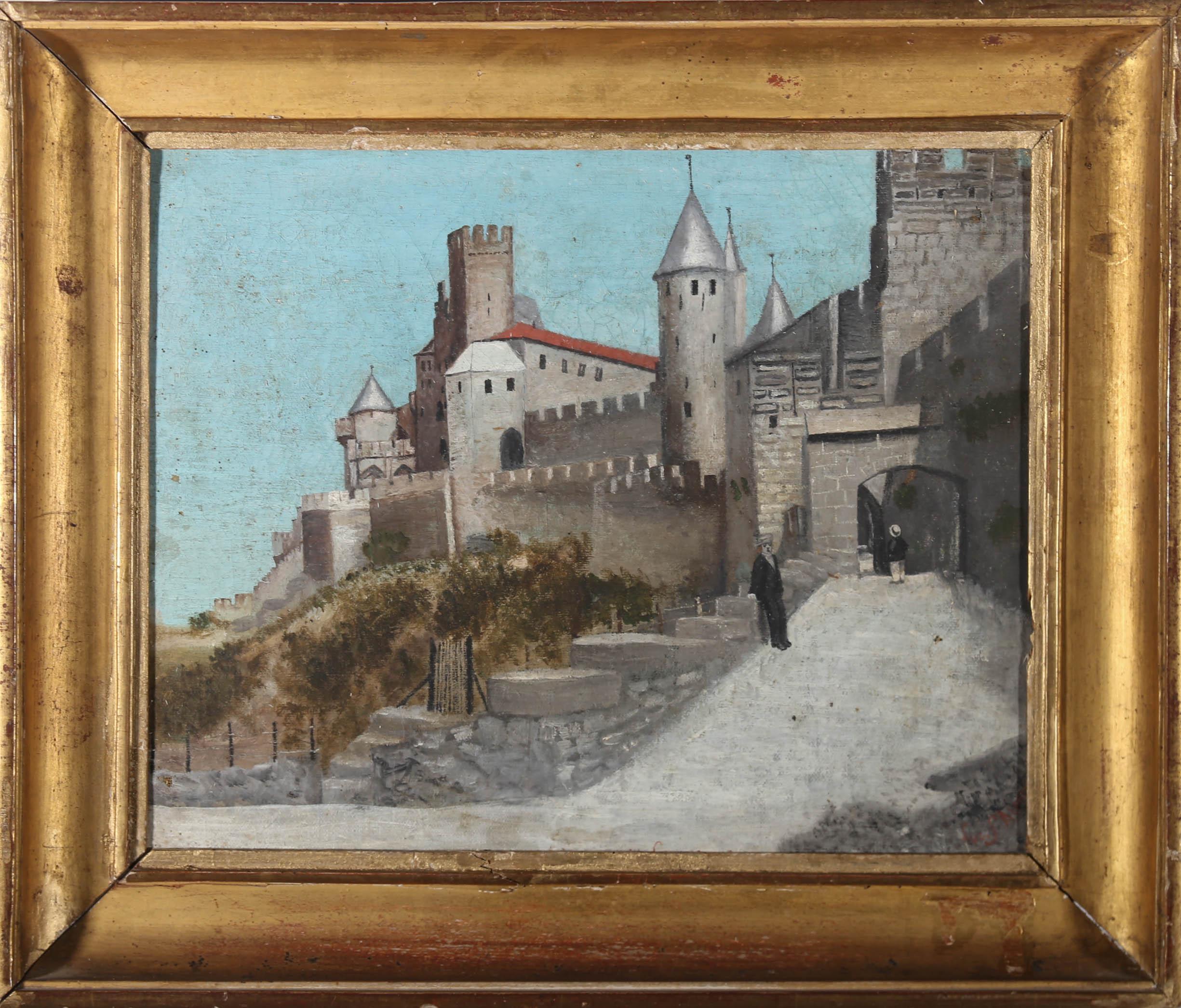 Unknown Landscape Painting - Early 20th Century Oil - Porte de l'Aude, Carcassonne