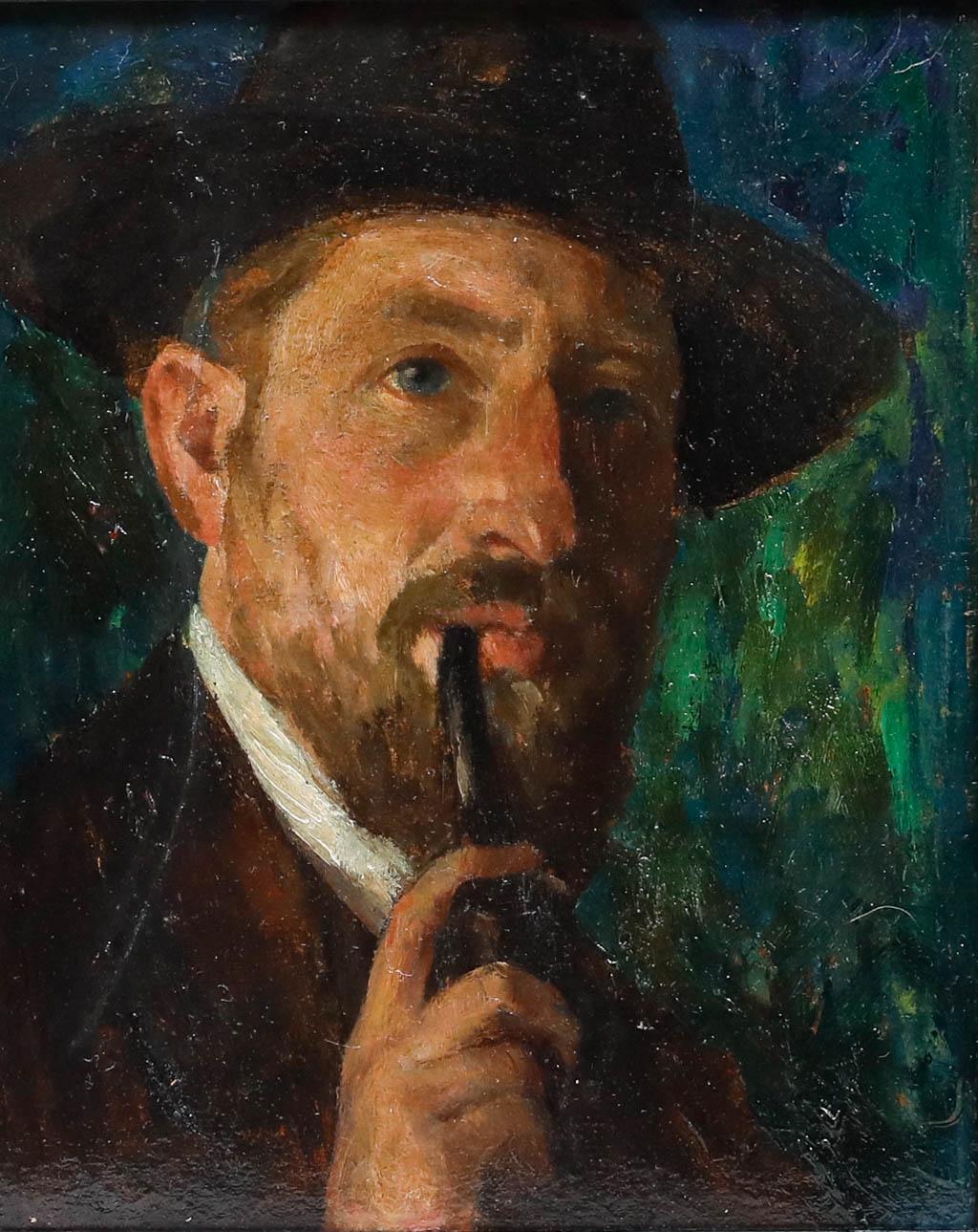 Óleo de principios del siglo XX - Retrato de un hombre fumando en pipa - Painting de Unknown