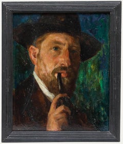 Óleo de principios del siglo XX - Retrato de un hombre fumando en pipa
