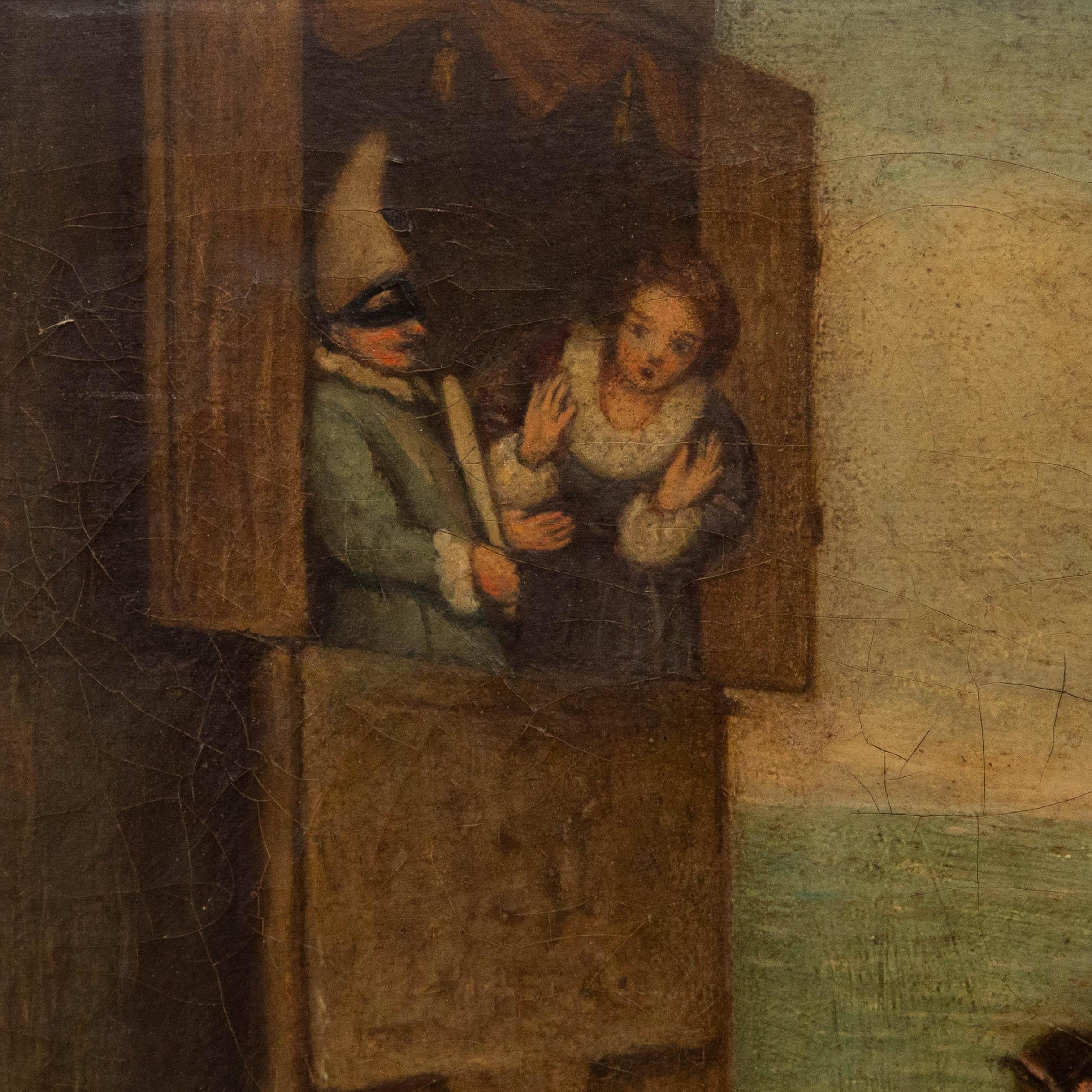 Nicht signiert. Präsentiert in einem Holzrahmen mit vergoldetem Innenfenster. Auf Leinwand.