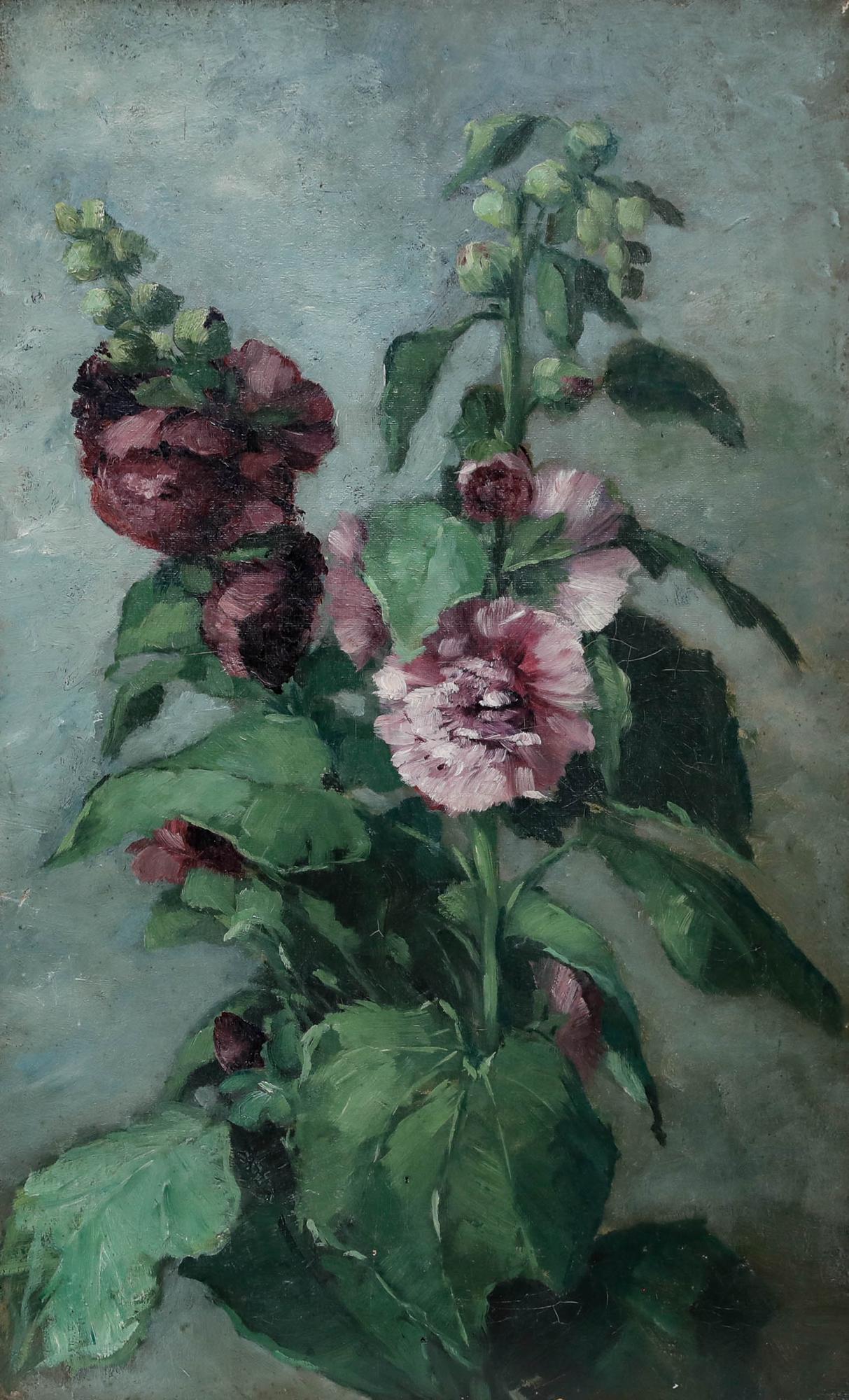 Early 20th Century Oil - Purple Hollyhock - Painting by Unknown
