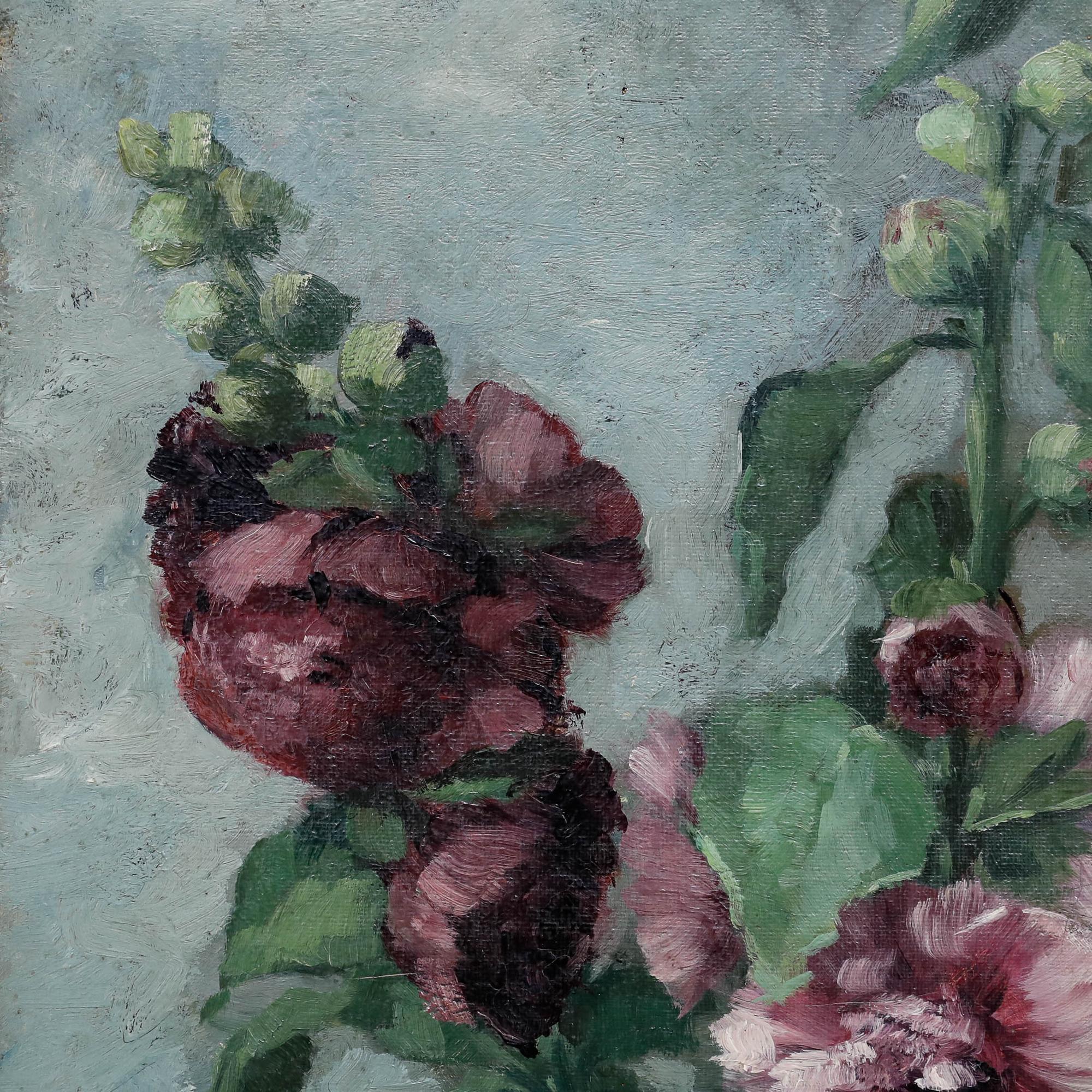 A delightful botanical study of a majestic purple hollyhock with towering green stems and distinctive double-headed flowers. Unsigned. On canvas on stretchers.