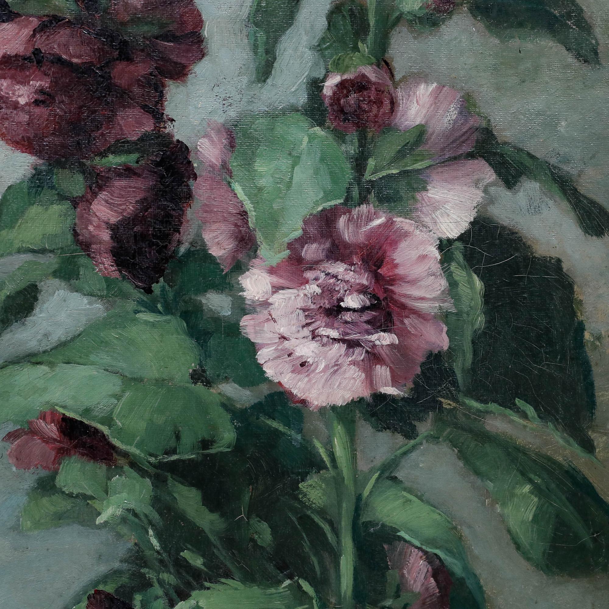 Early 20th Century Oil - Purple Hollyhock For Sale 1
