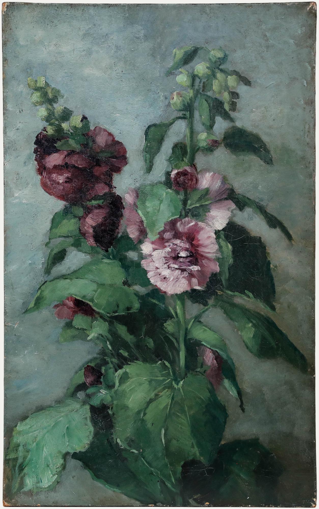 Unknown Still-Life Painting - Early 20th Century Oil - Purple Hollyhock