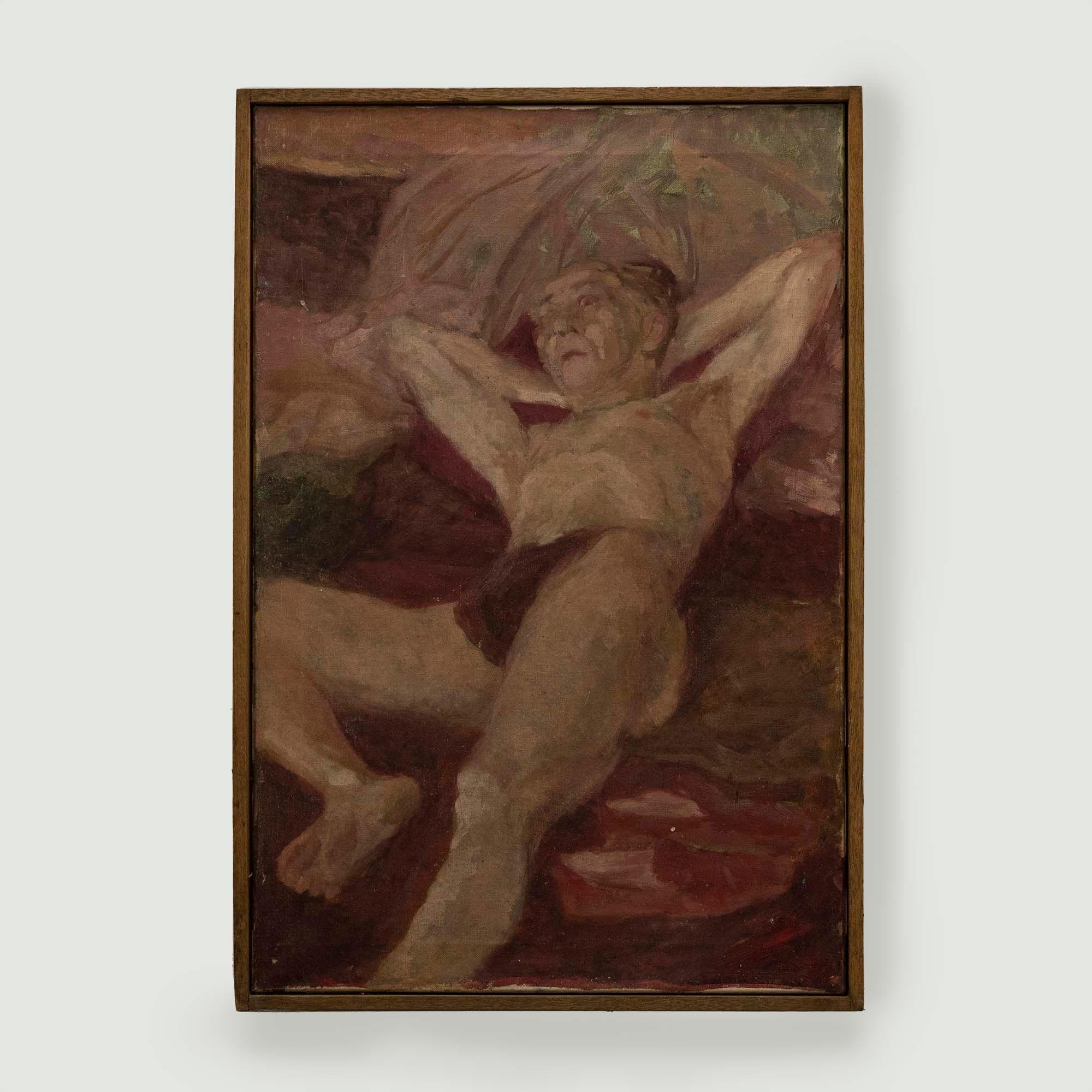 A striking study depicting a reclining male model with his hands behind his head. The artist captures the scene in warm tones with soft reds and pinks making up the man's lean body. Unsigned. Presented in a slim hard wood frame. On canvas.