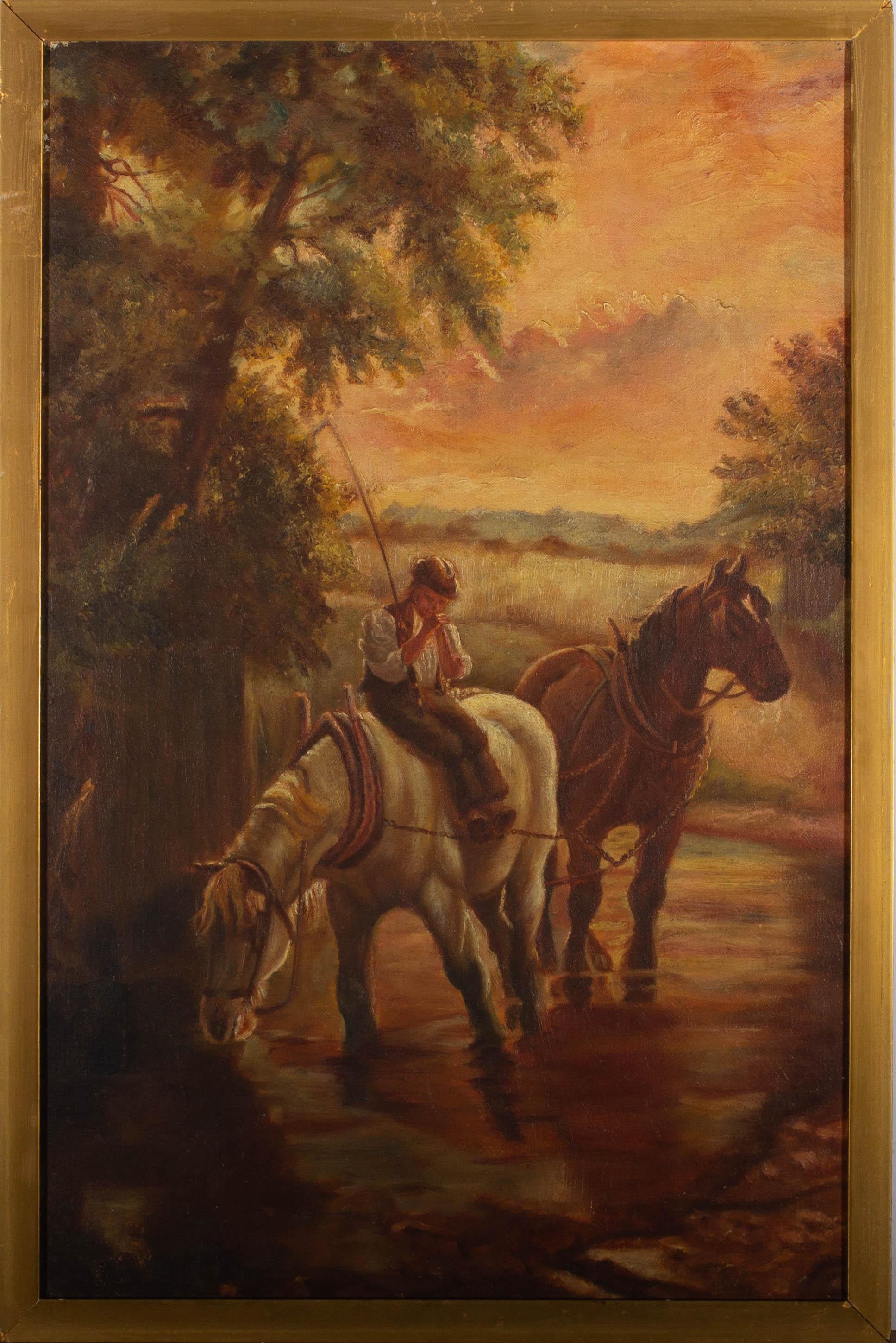 Early 20th Century Oil - Resting the Horses - Painting by Unknown