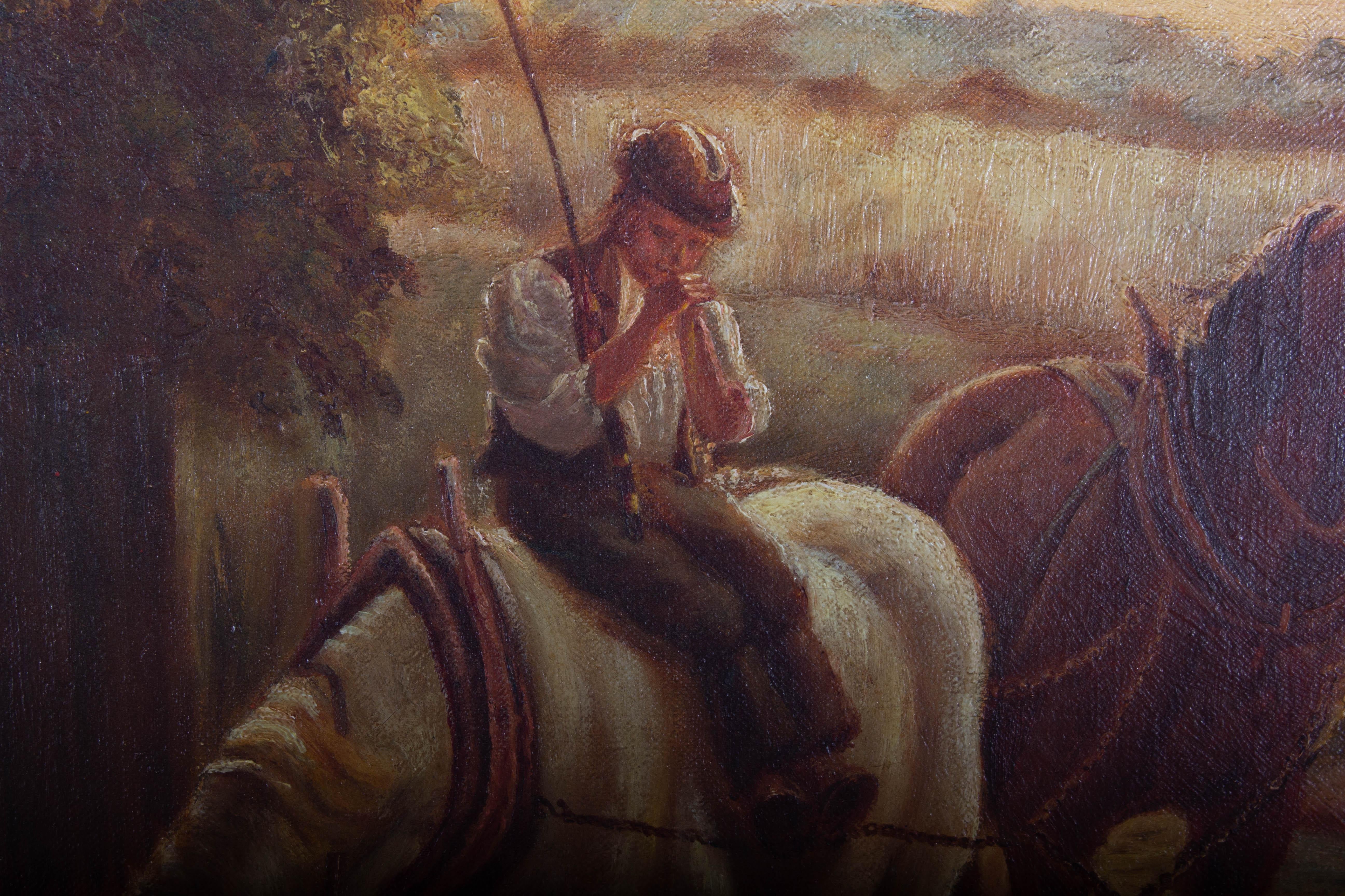 Early 20th Century Oil - Resting the Horses - Brown Figurative Painting by Unknown