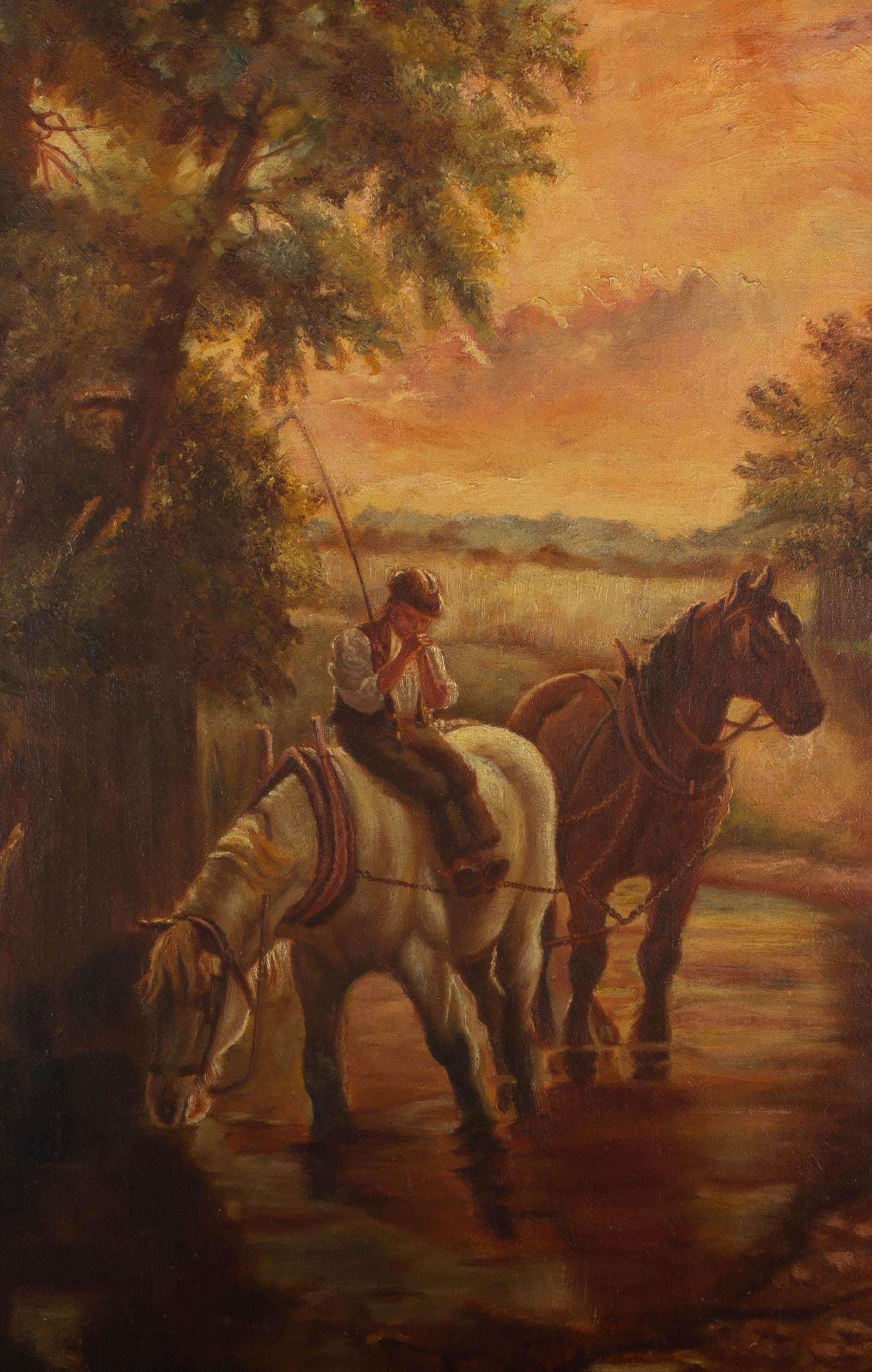 Unknown Figurative Painting - Early 20th Century Oil - Resting the Horses