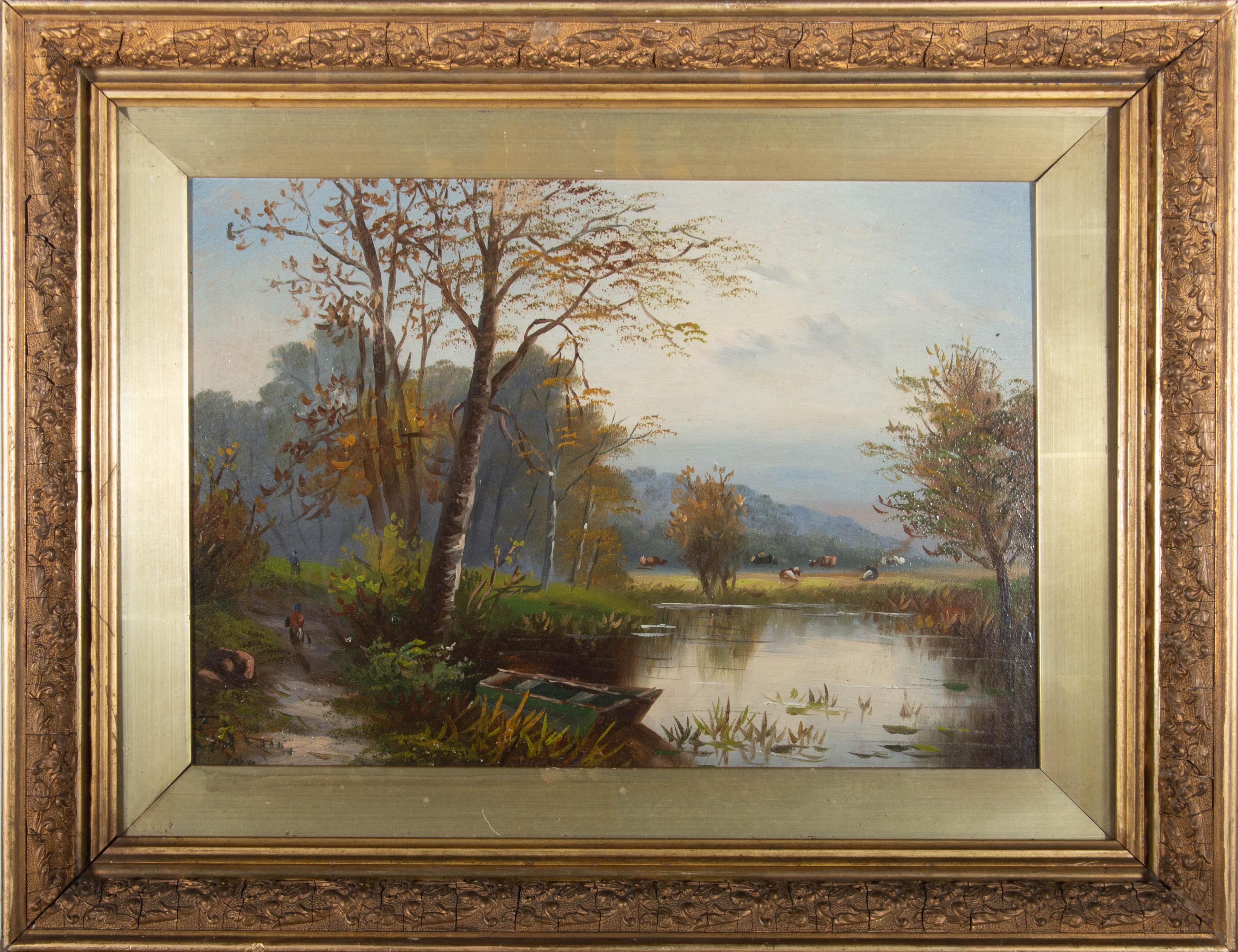 Landscape Painting di Unknown - Olio dei primi del Novecento - Paesaggio fluviale