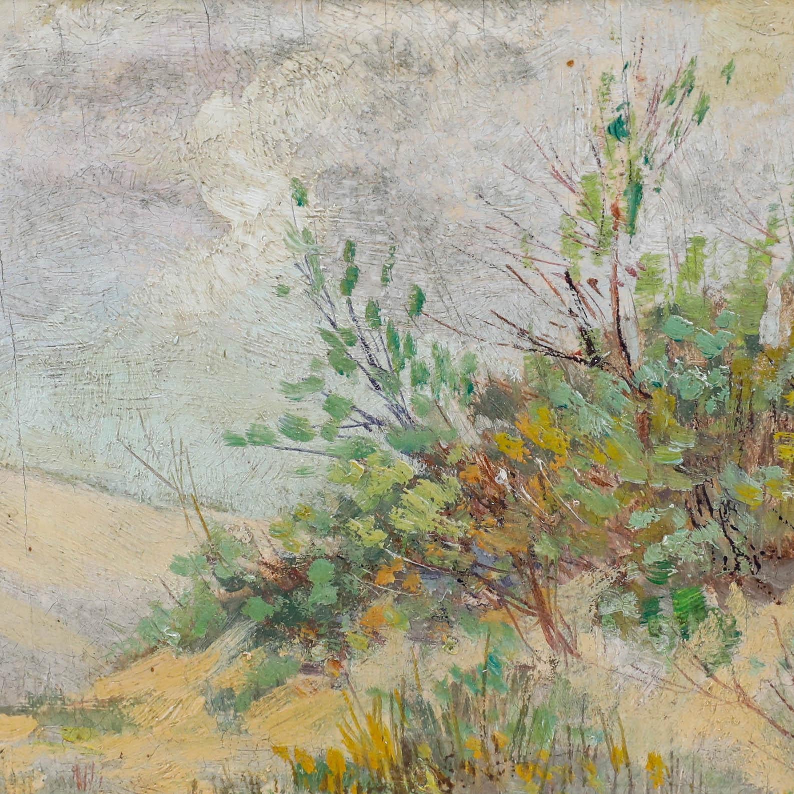 Un charmant paysage du début du XXe siècle représentant des collines ondulantes ornées de hautes herbes et d'arbustes sauvages en été. L'œuvre est signée de manière indistincte en bas à droite, avec peut-être la mention 