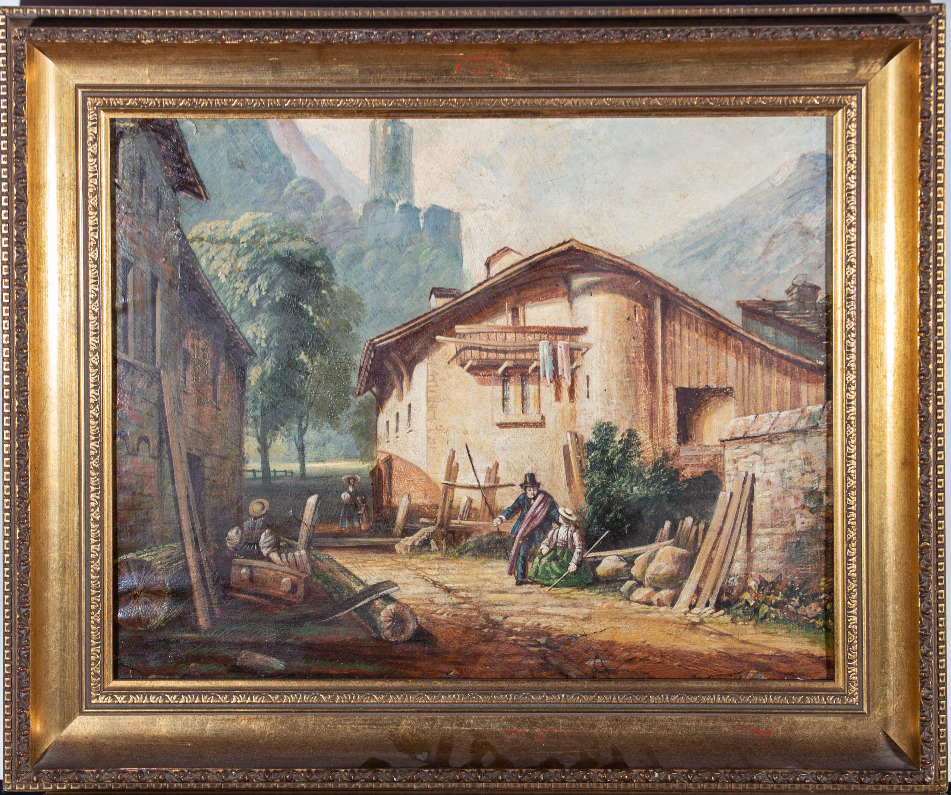A charmingly rustic oil scene showing a man and woman in a lane, outside a run down chalet. The painting is unsigned and presented in a contemporary gilt frame with foliate molding. On canvas laid to board.

















