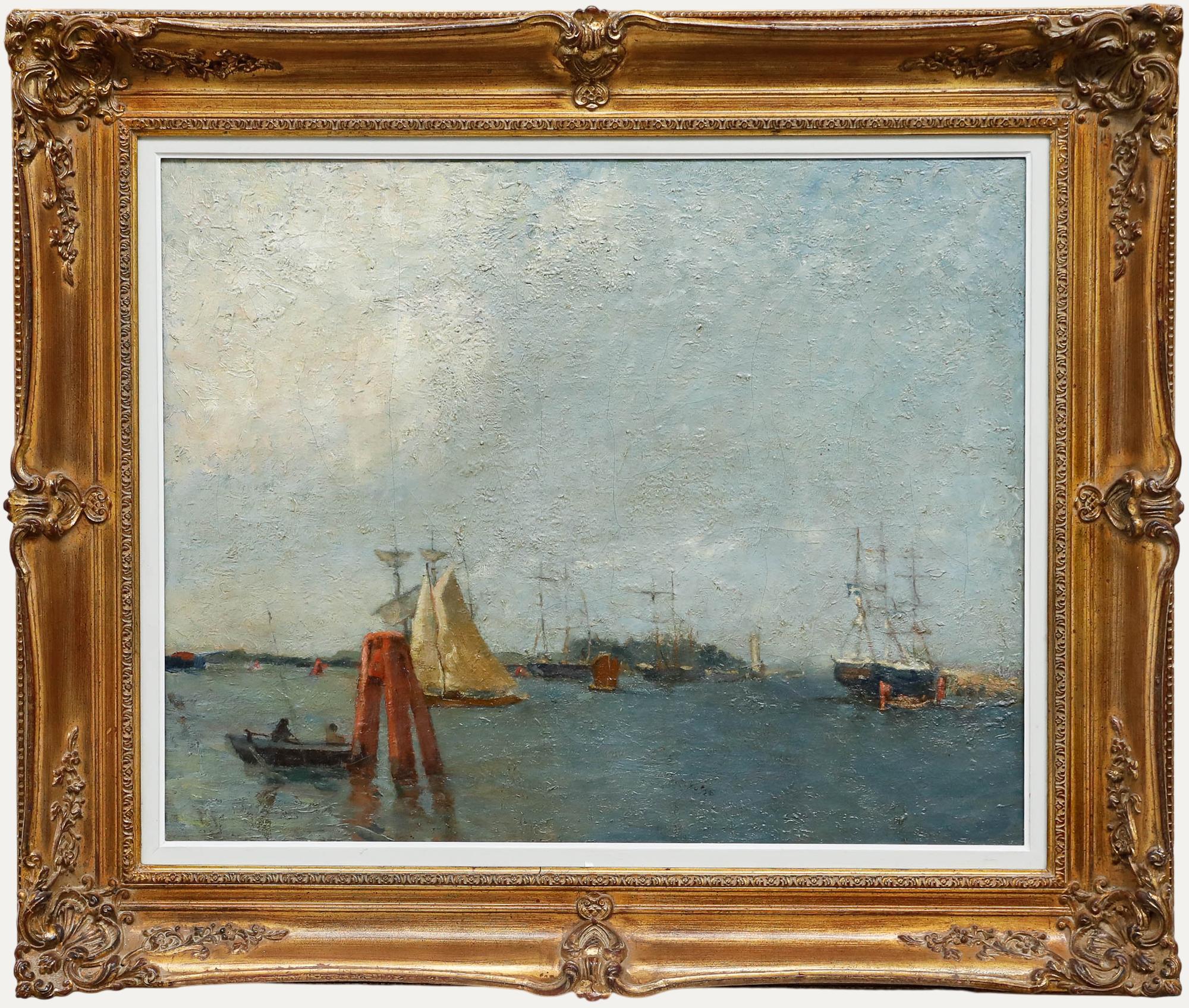 Figurative Painting de Unknown - Óleo de principios del siglo XX - Navegando hacia el puerto