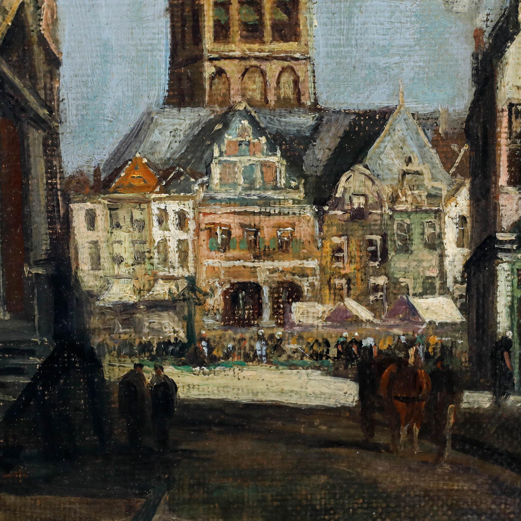 Ein charmantes Öl aus dem frühen 20. Jahrhundert, das die Saint Stephen's Church in Nijmegen, Niederlande, darstellt. An einem klaren, sonnigen Tag wimmelt es auf dem Stadtplatz von Menschen, die die beeindruckende Architektur bewundern. Unleserlich