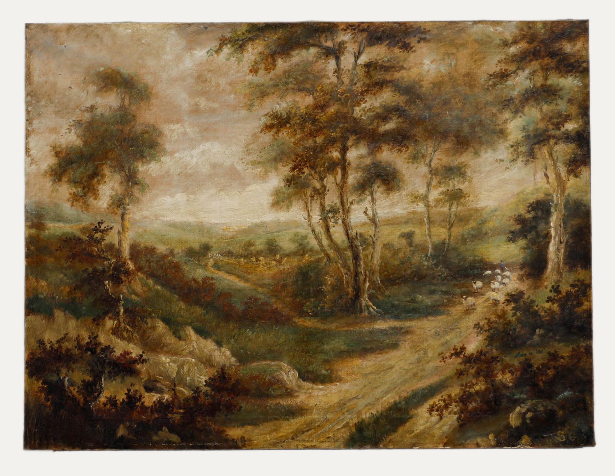 Huile sur toile du début du 20e siècle - Moutons sur un chemin de campagne - Painting de Unknown